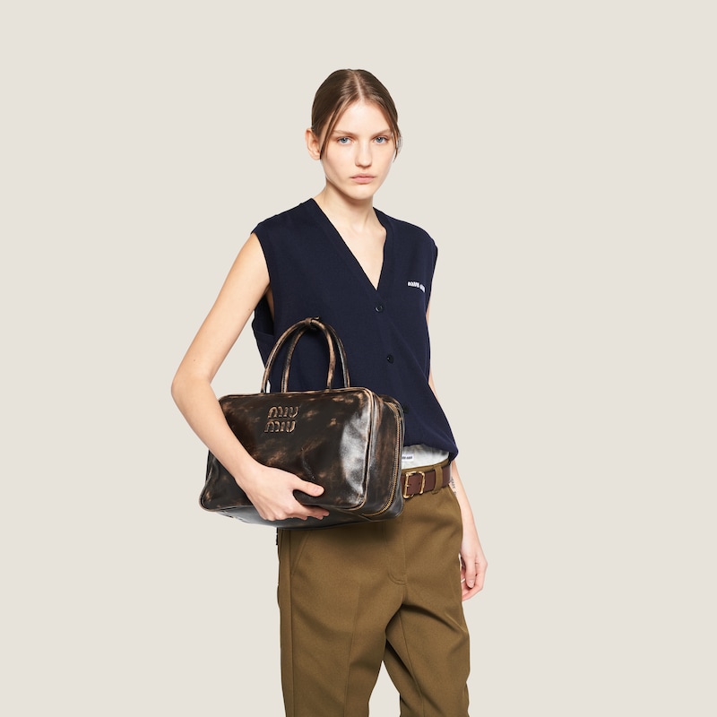 MIUMIU 25S BEAU BAG 28 BROWN AND BEIGE STRIPES IN CANVAS AND CALFSKIN