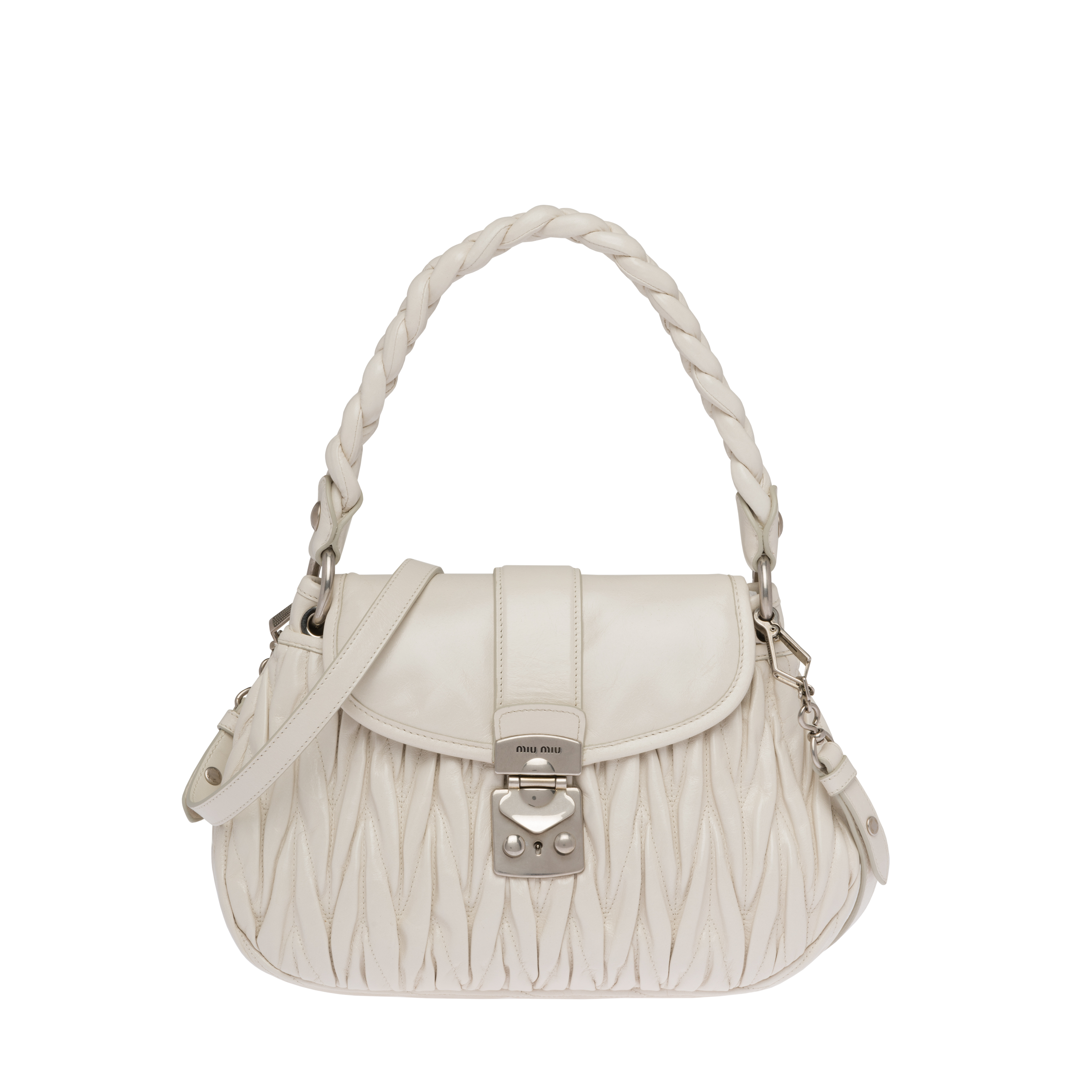 Miu Coffer Matelasse 皮革手袋粉笔白 Miu Miu Miu Coffer Matelasse 皮革手袋粉笔白 Miu Miu