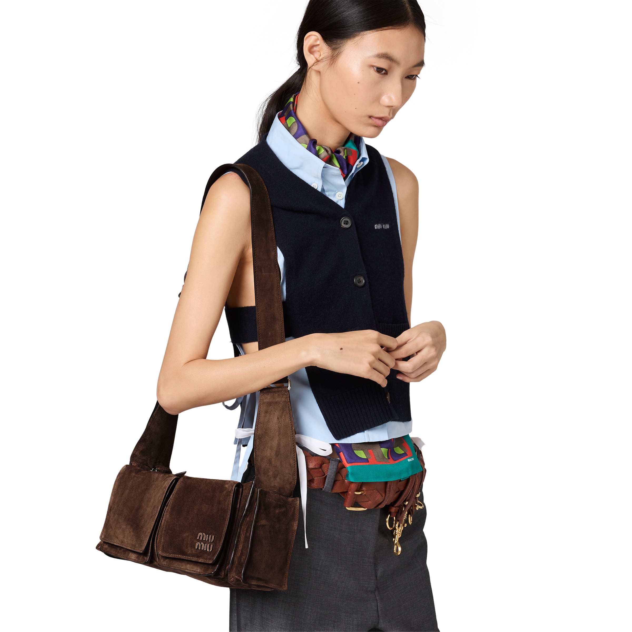 Miu Miu Suede Utilitaire Crossbody Bag Adjustable Strap In Brown