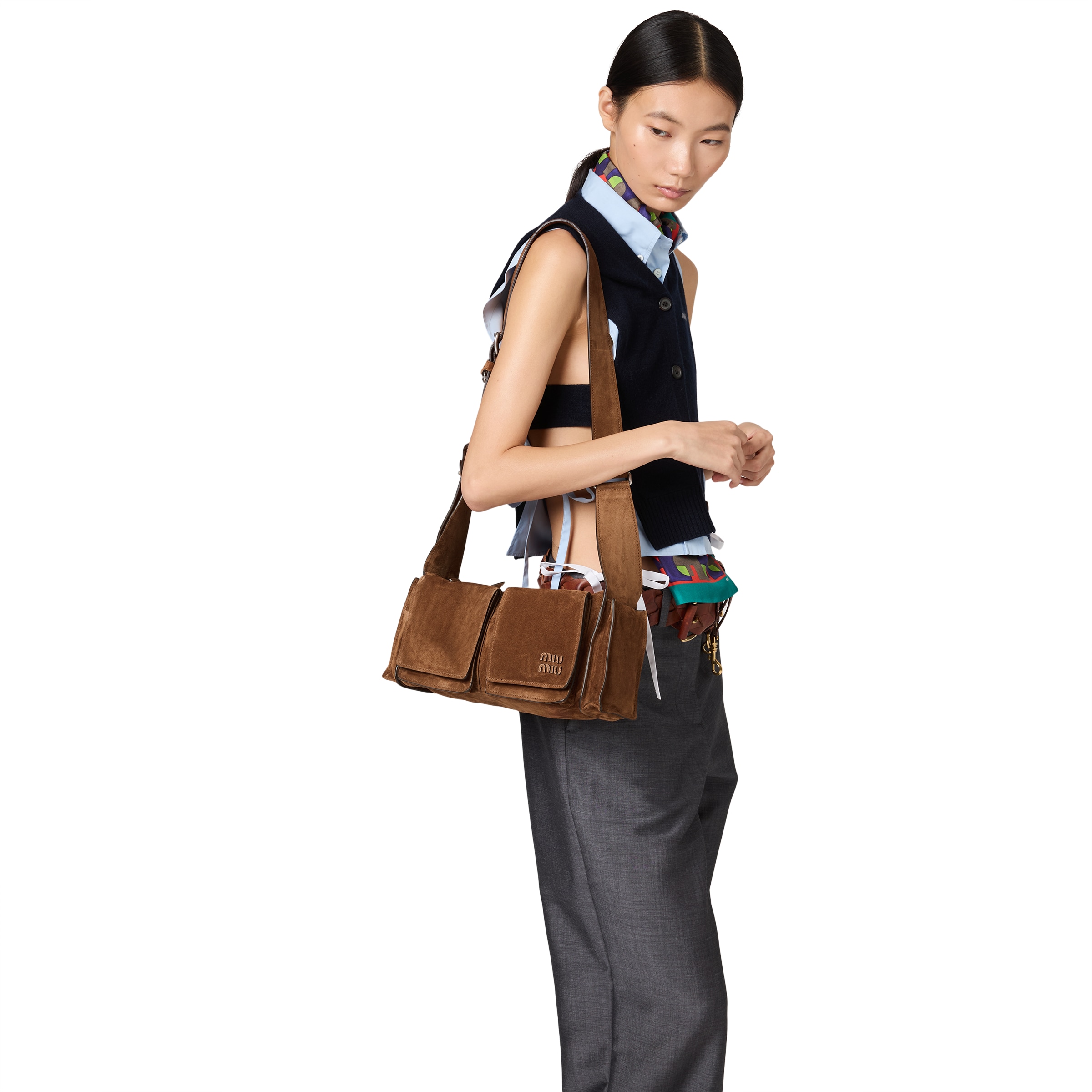 Miu Miu Suede Utilitaire Crossbody Bag Adjustable Strap In Brown