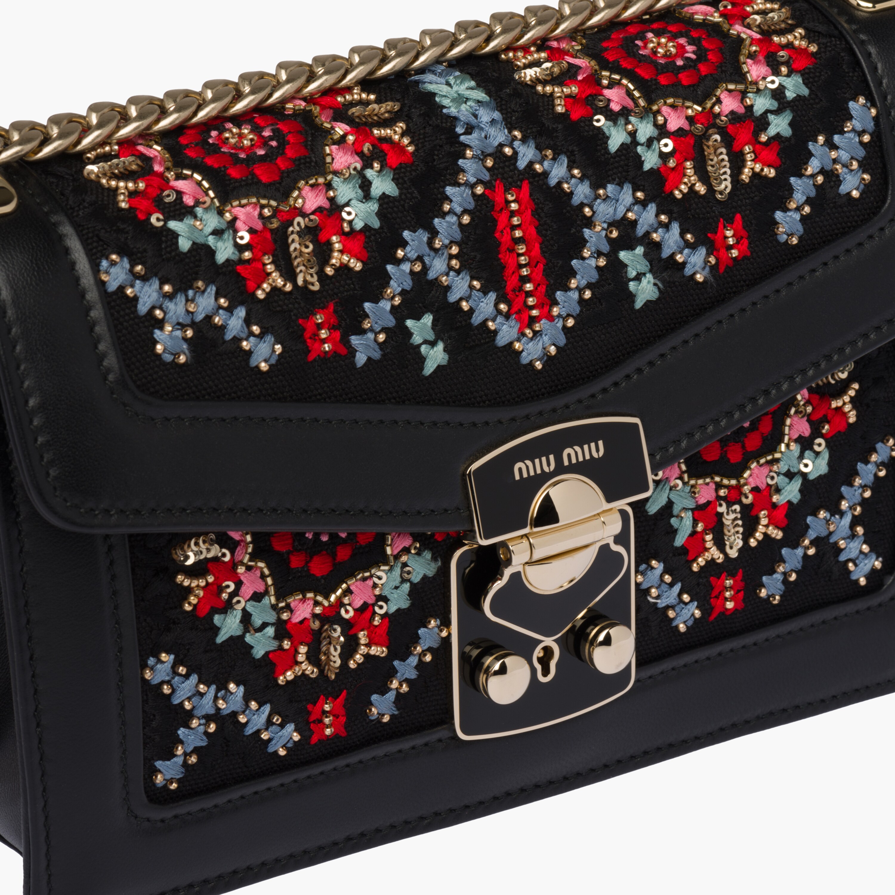 Miu Confidential embroidered hemp fabric shoulder bag Black Miu Miu