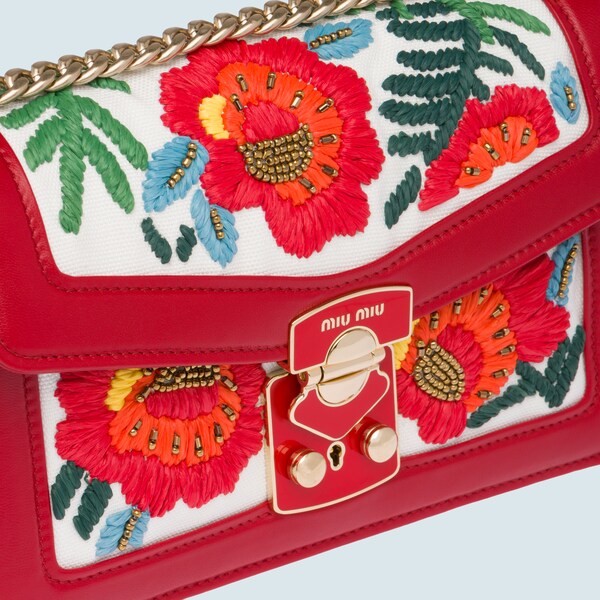 Miu Confidential embroidered hemp fabric shoulder bag White/red Miu Miu