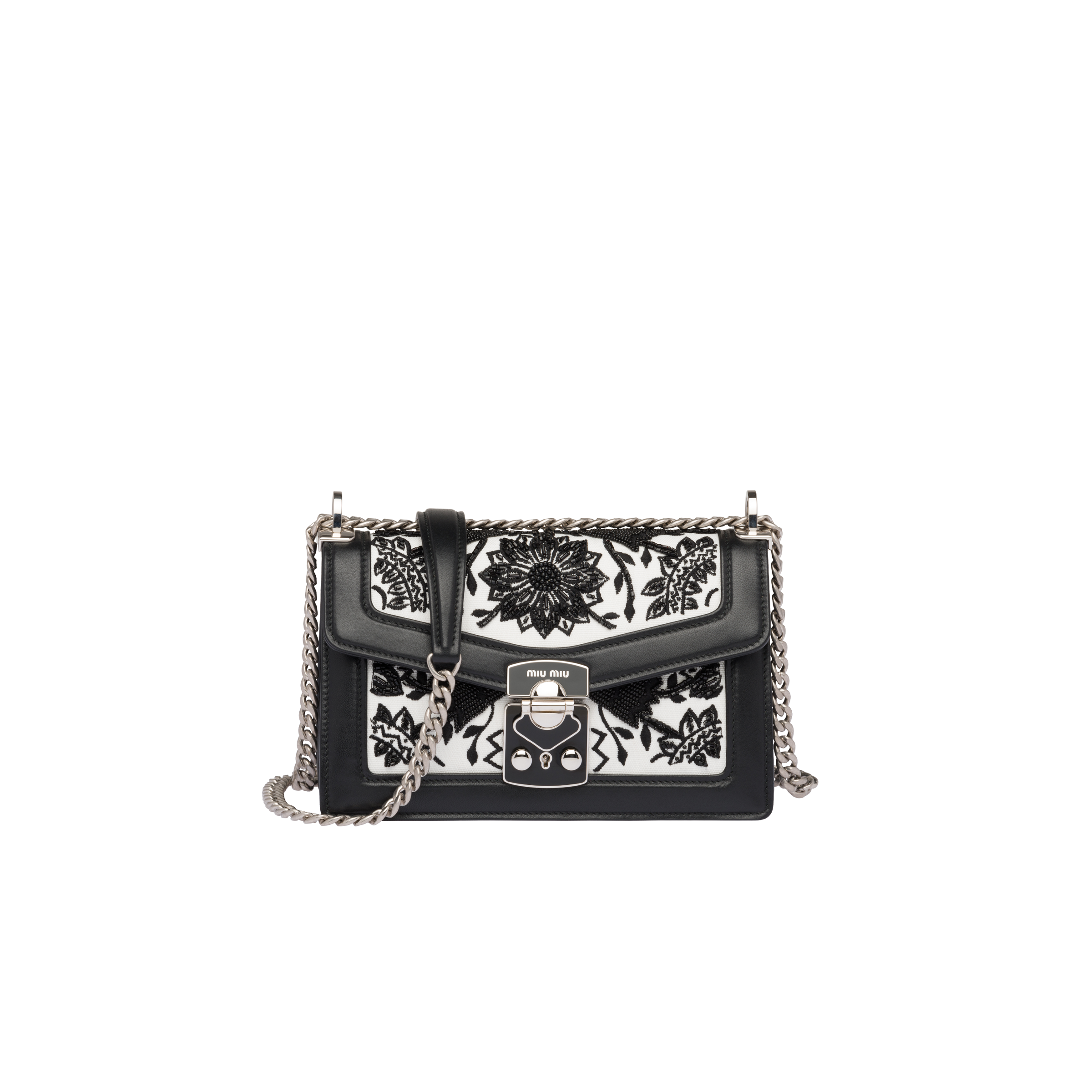 Miu Confidential embroidered hemp fabric bag White/black Miu Miu
