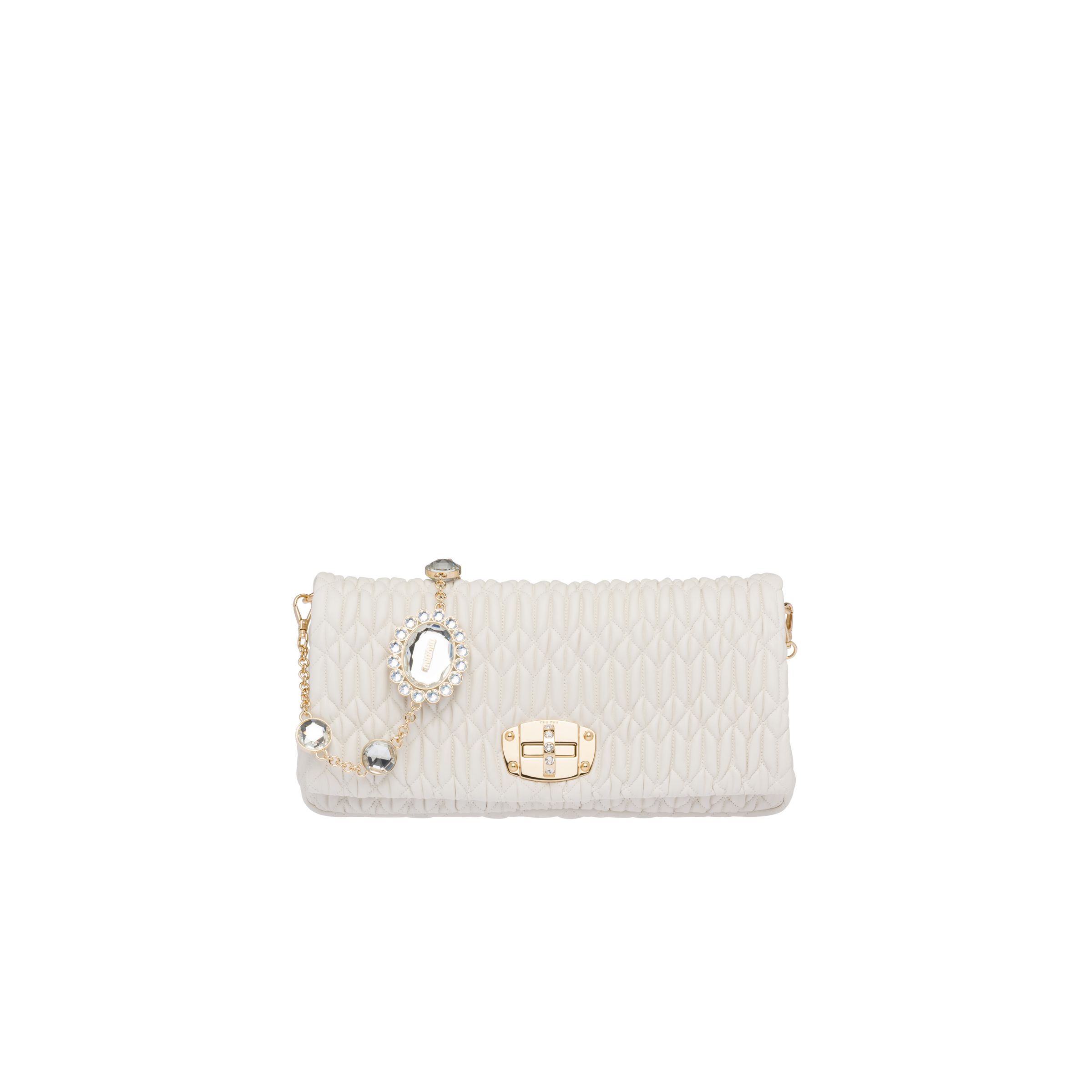 Miu Miu Iconic Crystal Cloqué Nappa Leather Bag In White