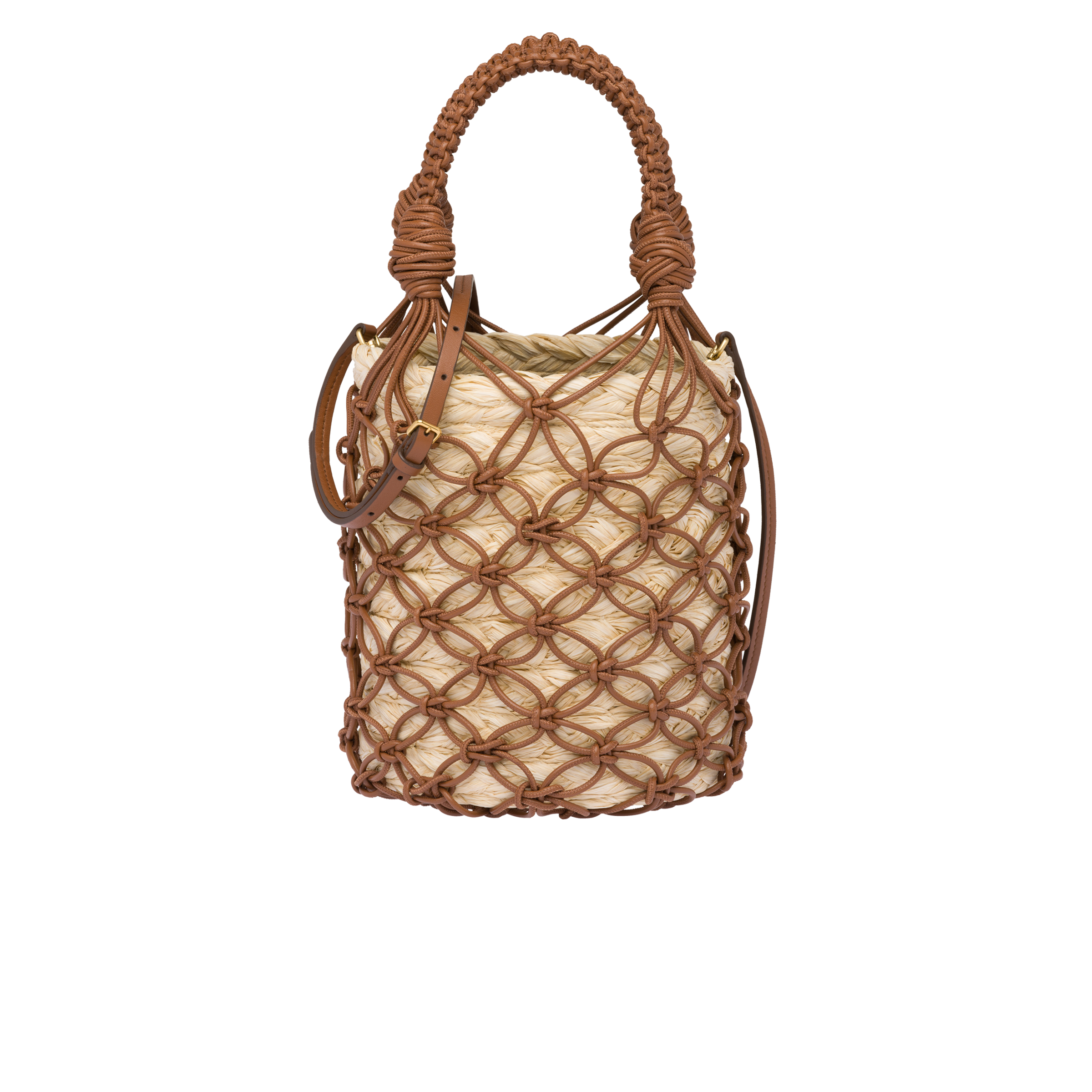 Miu Miu Leather Mesh And Straw Bucket Bag In Beige/cognac