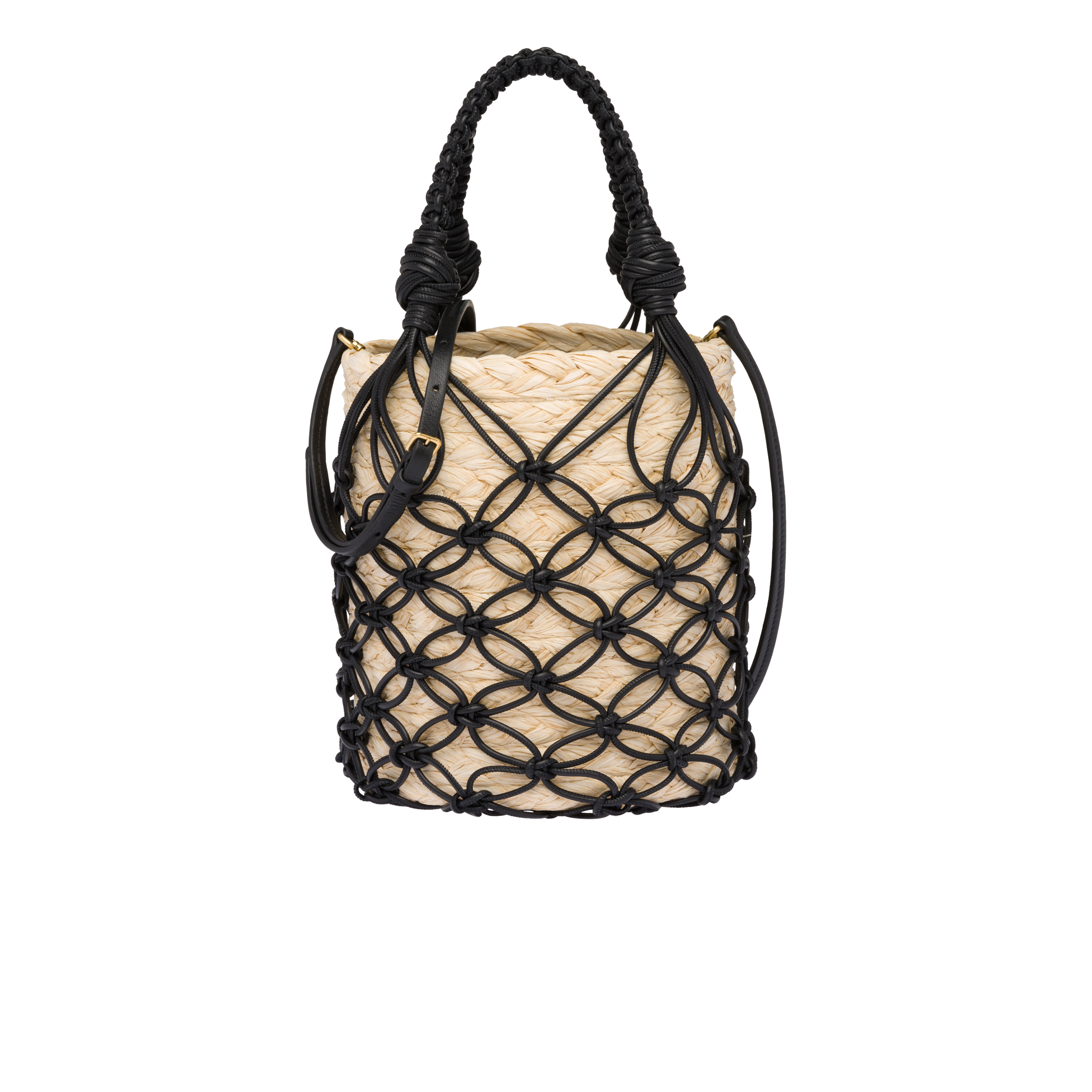 Tan/black Leather Mesh And Straw Bucket Bag