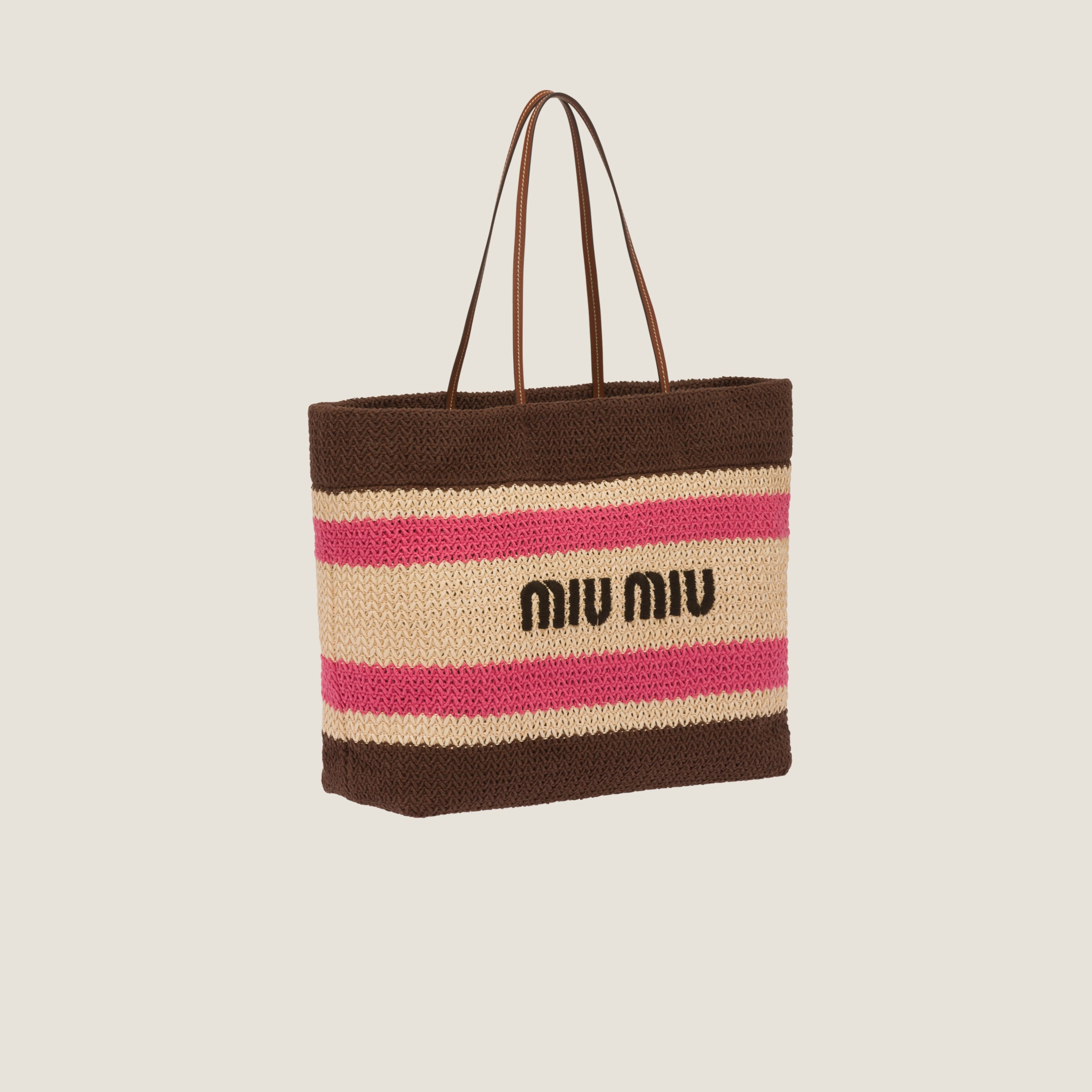 Beige/dark Brown Woven Fabric Tote Bag Miu Miu