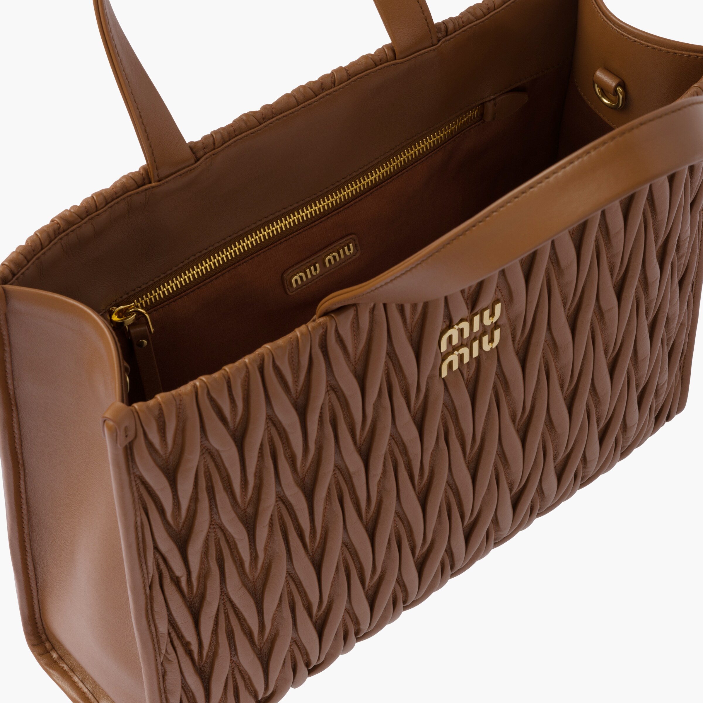 Cognac Matelassé Nappa Leather Tote Miu Miu