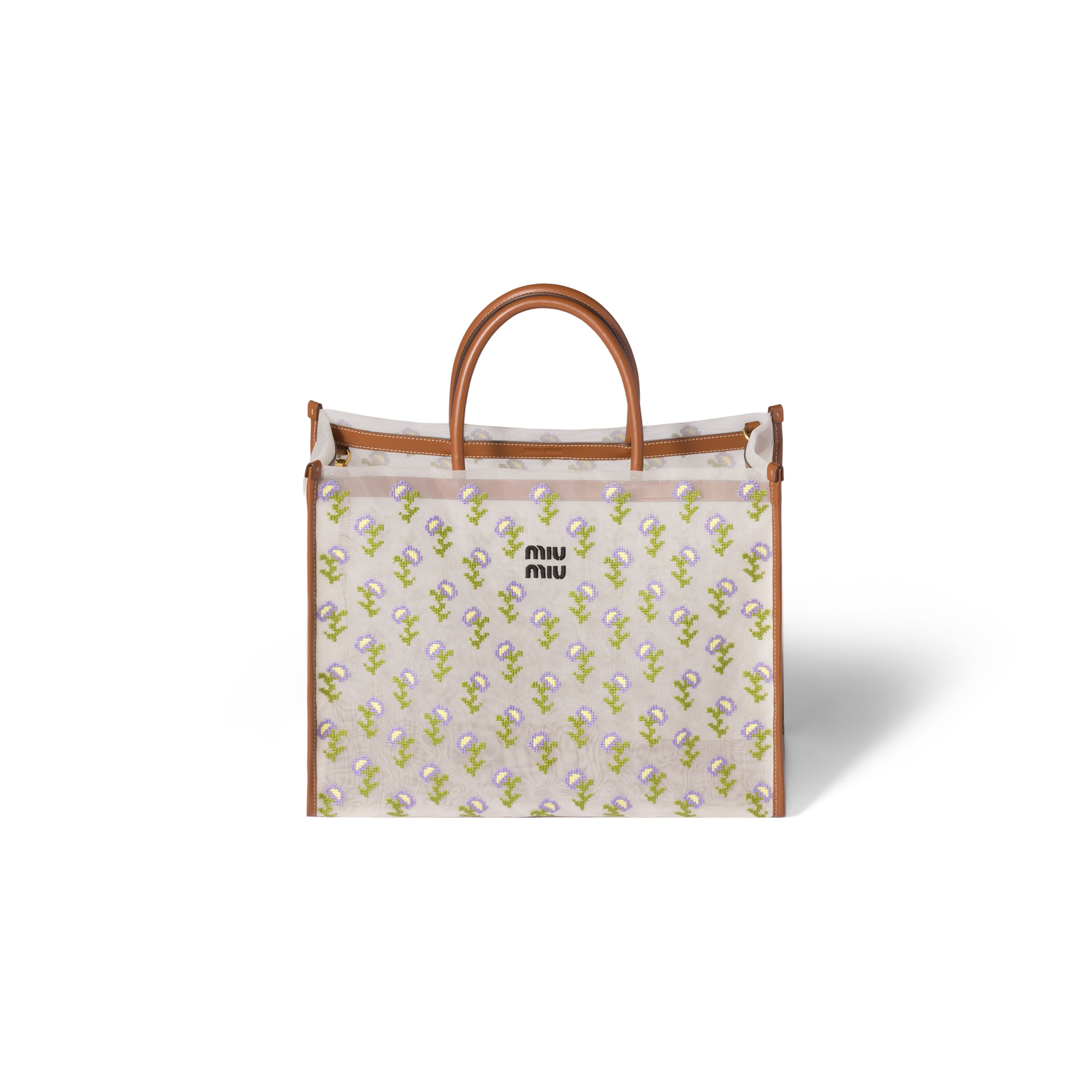 Miu Miu Bolso Shopper De Malla Bordada, Mujer, Coñac