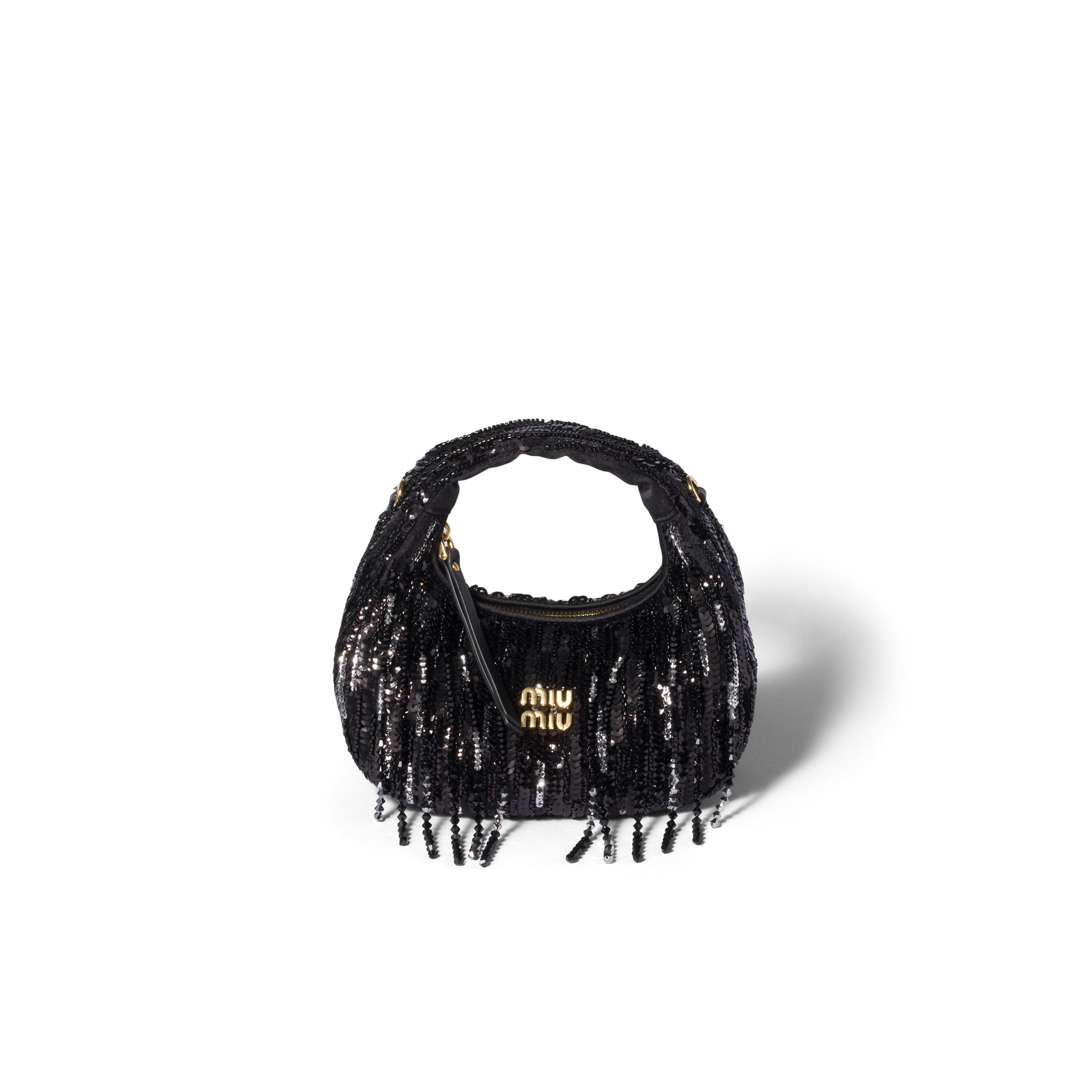 Miu Miu Wander Satin Mini-bag With Crystal And Sequin Fringe, Woman, Black
