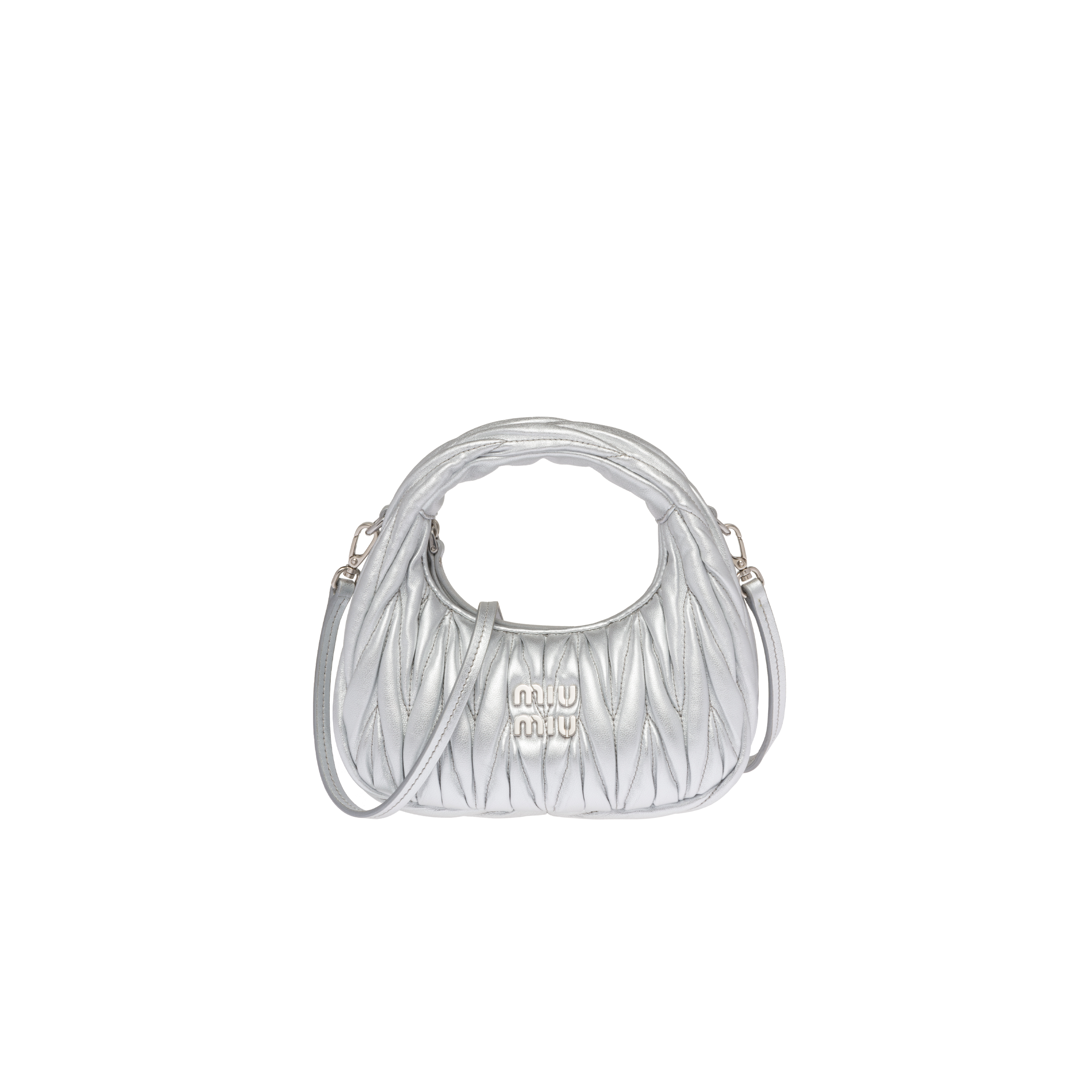 Miu Miu Wander Matelassé Nappa Leather Hobo Mini-bag In Silver