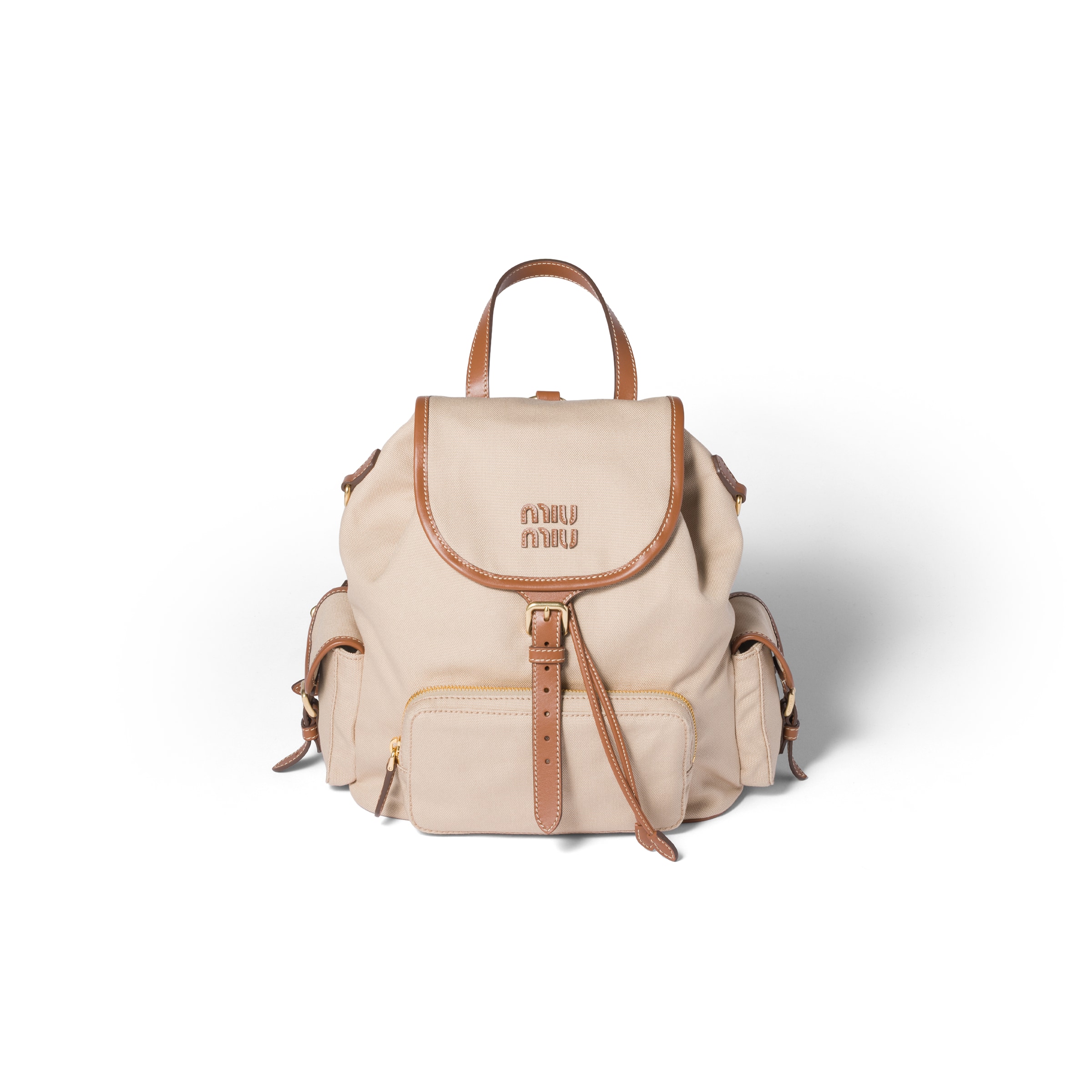 Miu Miu Canvas And Leather Backpack, Woman, Cord Beige/brandy