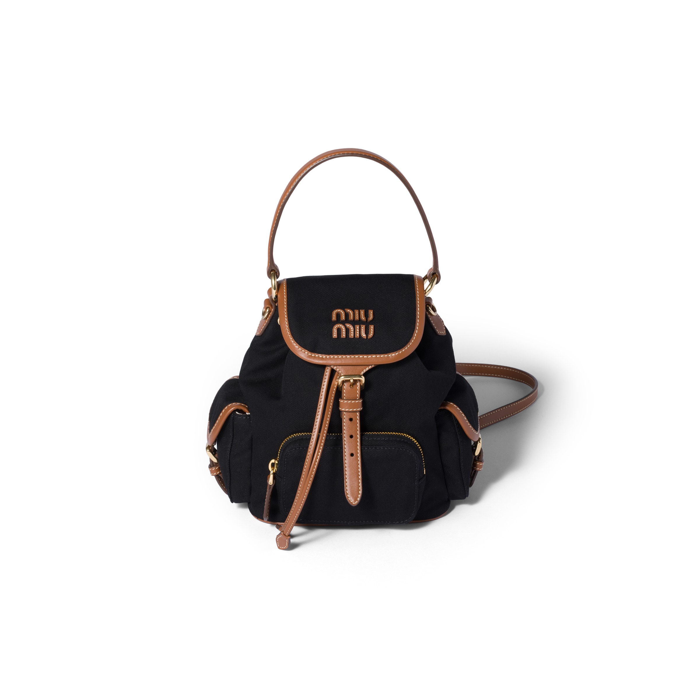 Miu Miu Canvas And Leather Backpack, Woman, Black/brandy
