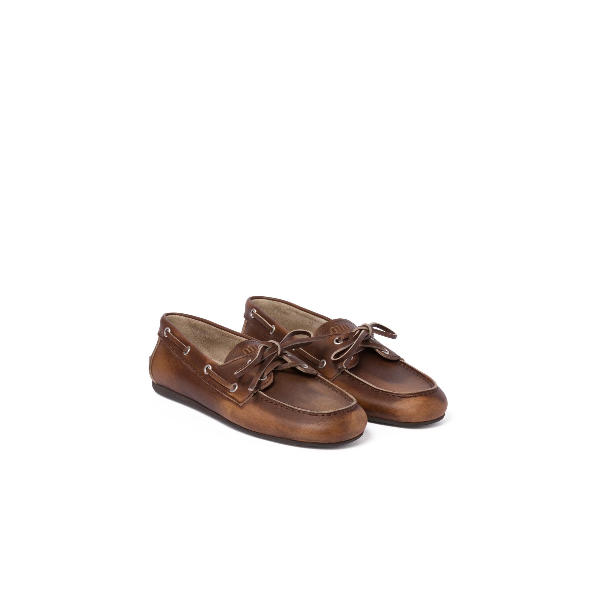 Miu Miu Chaussures Bateau En Cuir Décoloré Non Doublées, Femme, Terre De Sienne, Taille 39,5