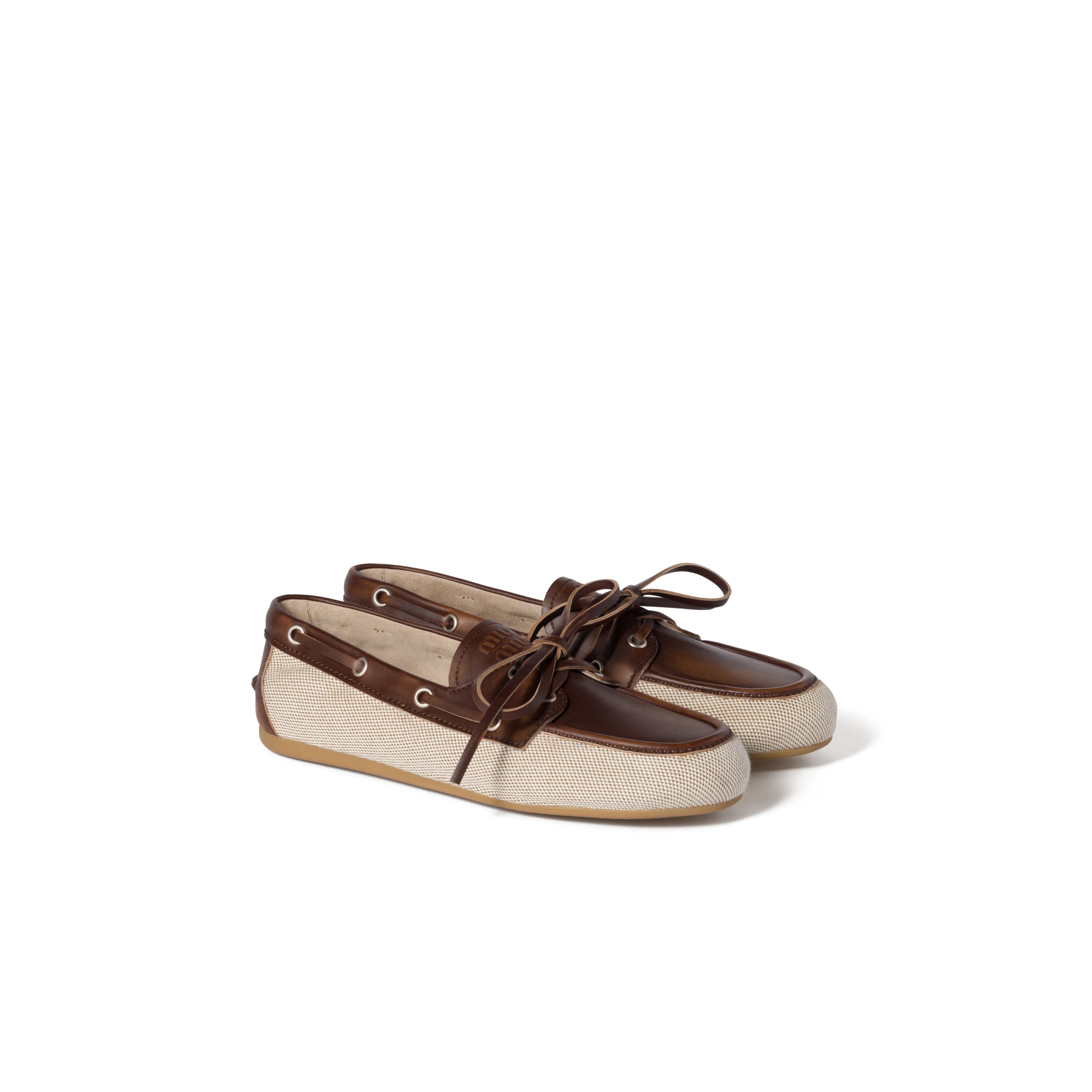 Miu Miu Chaussures Bateau En Toile Et Cuir Décoloré, Femme, Beige / Marron, Taille 37