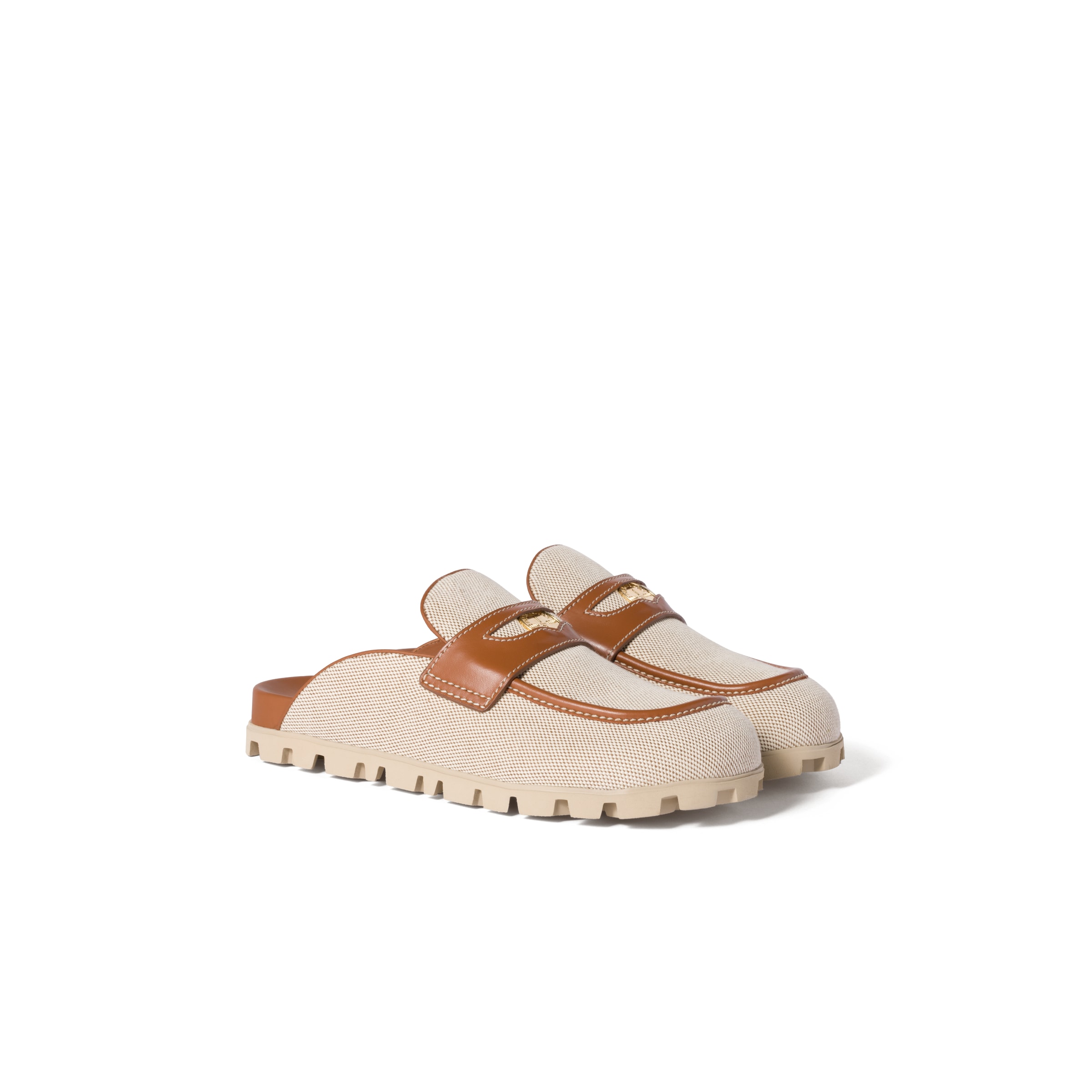Miu Miu Mules En Toile Et Cuir, Femme, Beige / Brandy, Taille 36,5