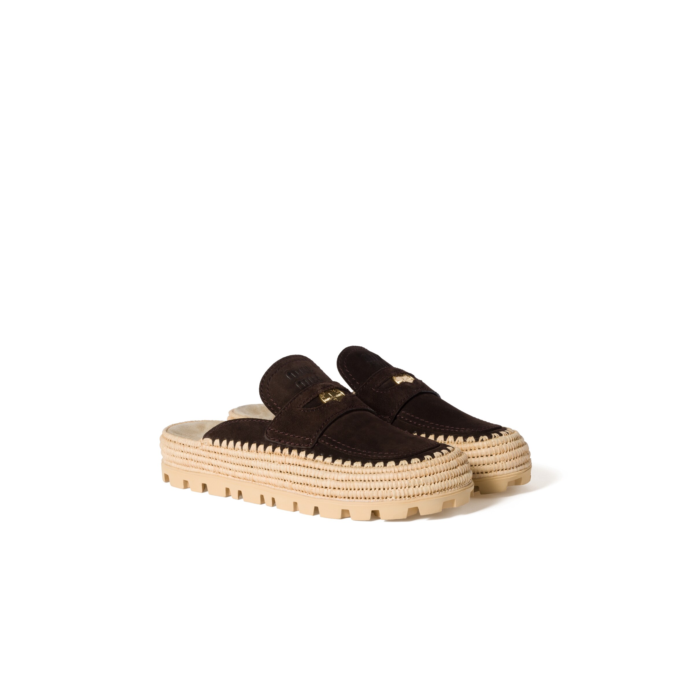Miu Miu Mules À Plateforme Plate En Suède Et Raphia, Femme, Marron Foncé, Taille 37