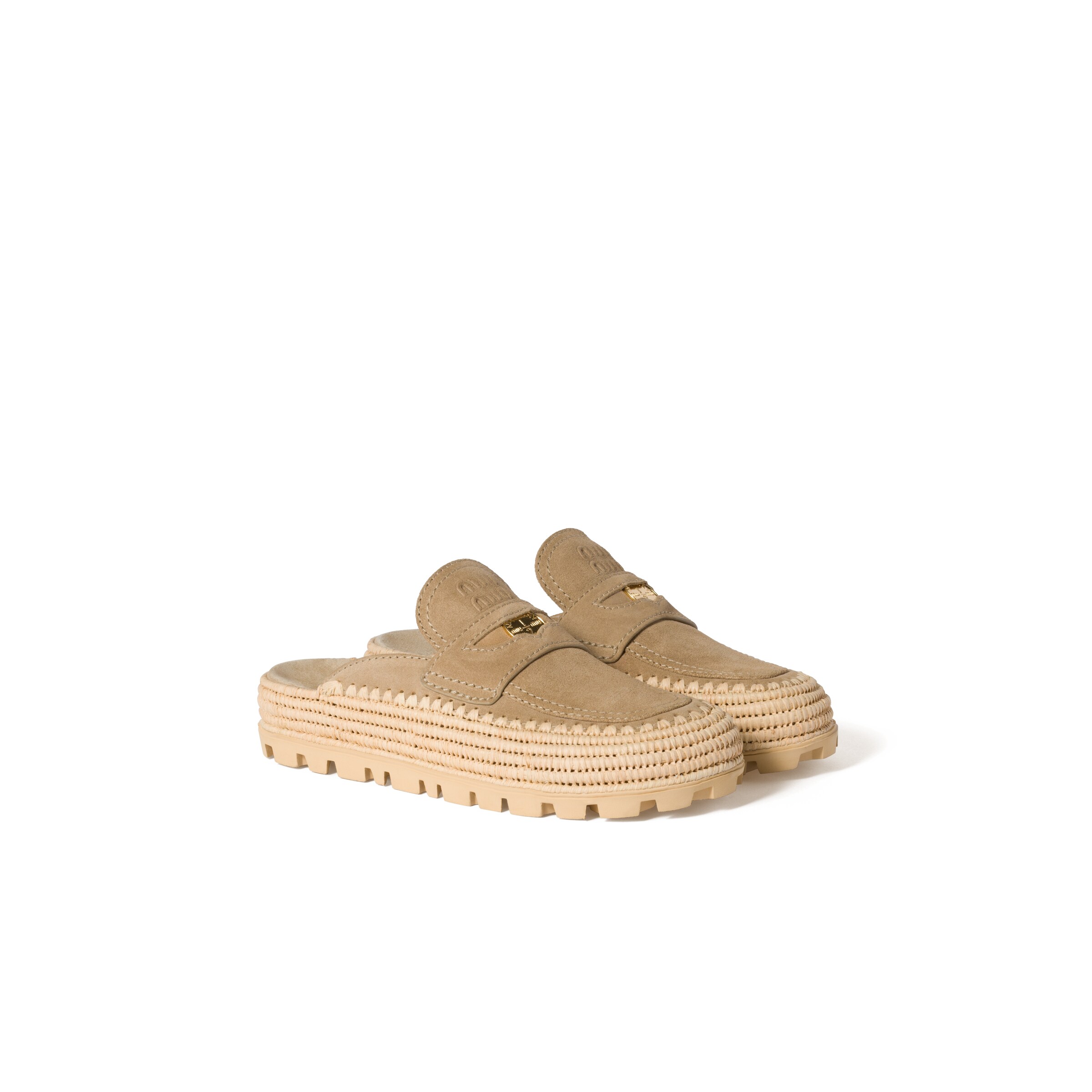 Miu Miu Mules À Plateforme Plate En Suède Et Raphia, Femme, Ecru, Taille 38