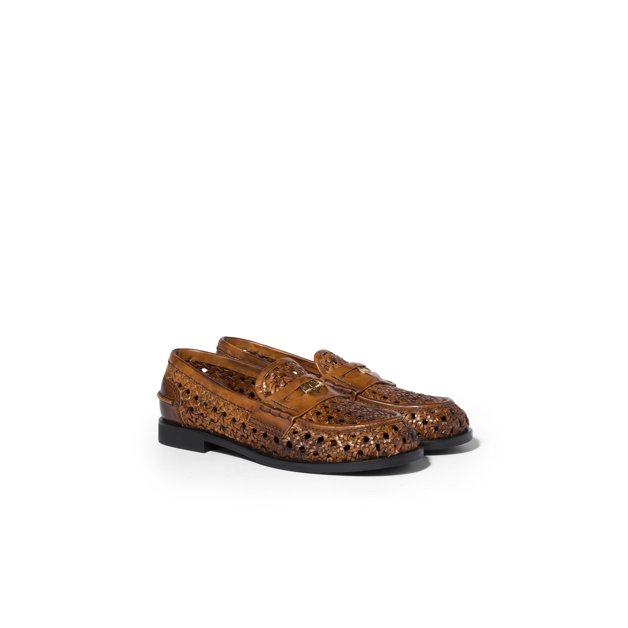 Miu Miu Woven Leather Loafers, Woman, Cognac, Size 41