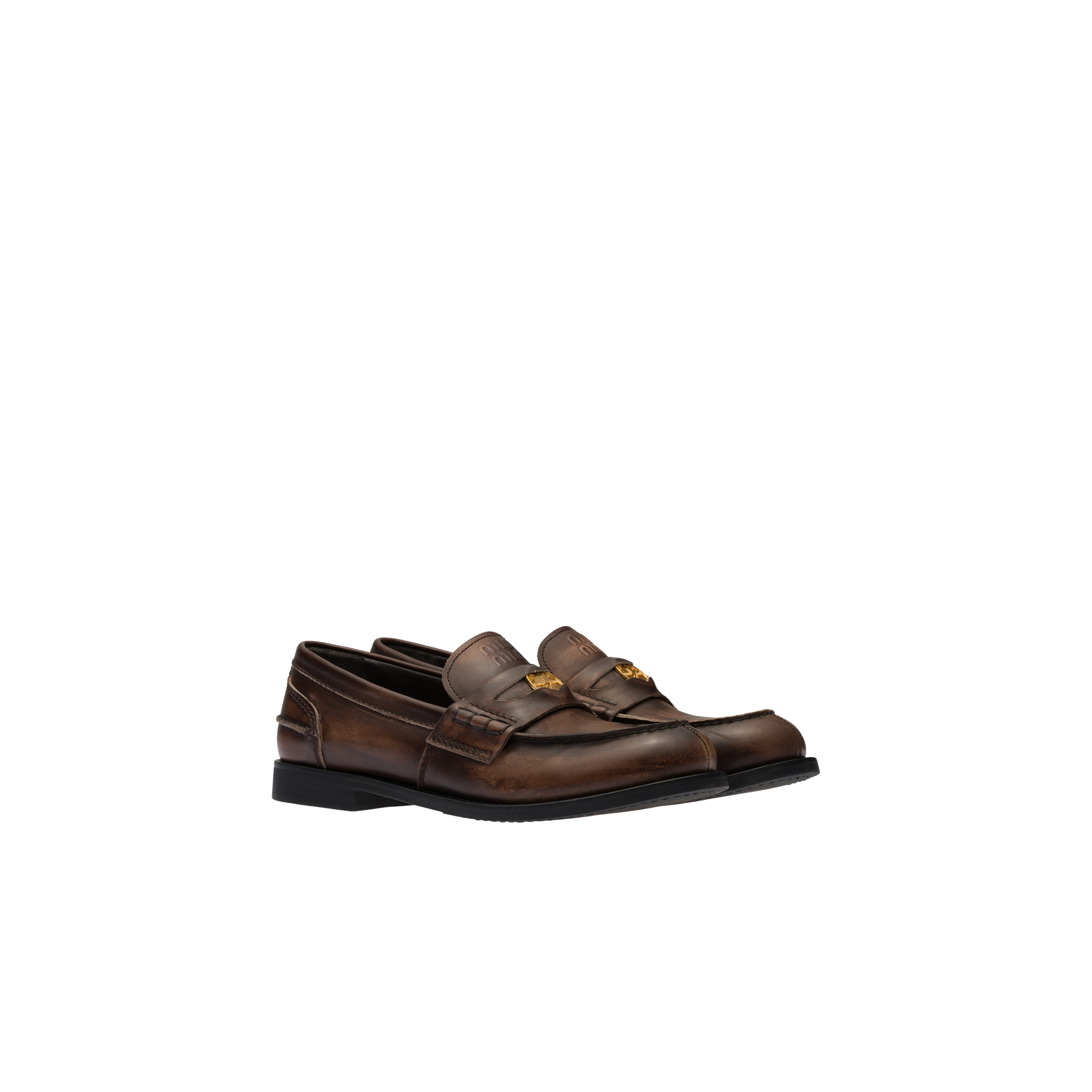 Miu Miu Logo Embossed Calf Leather Loafers In Ebony