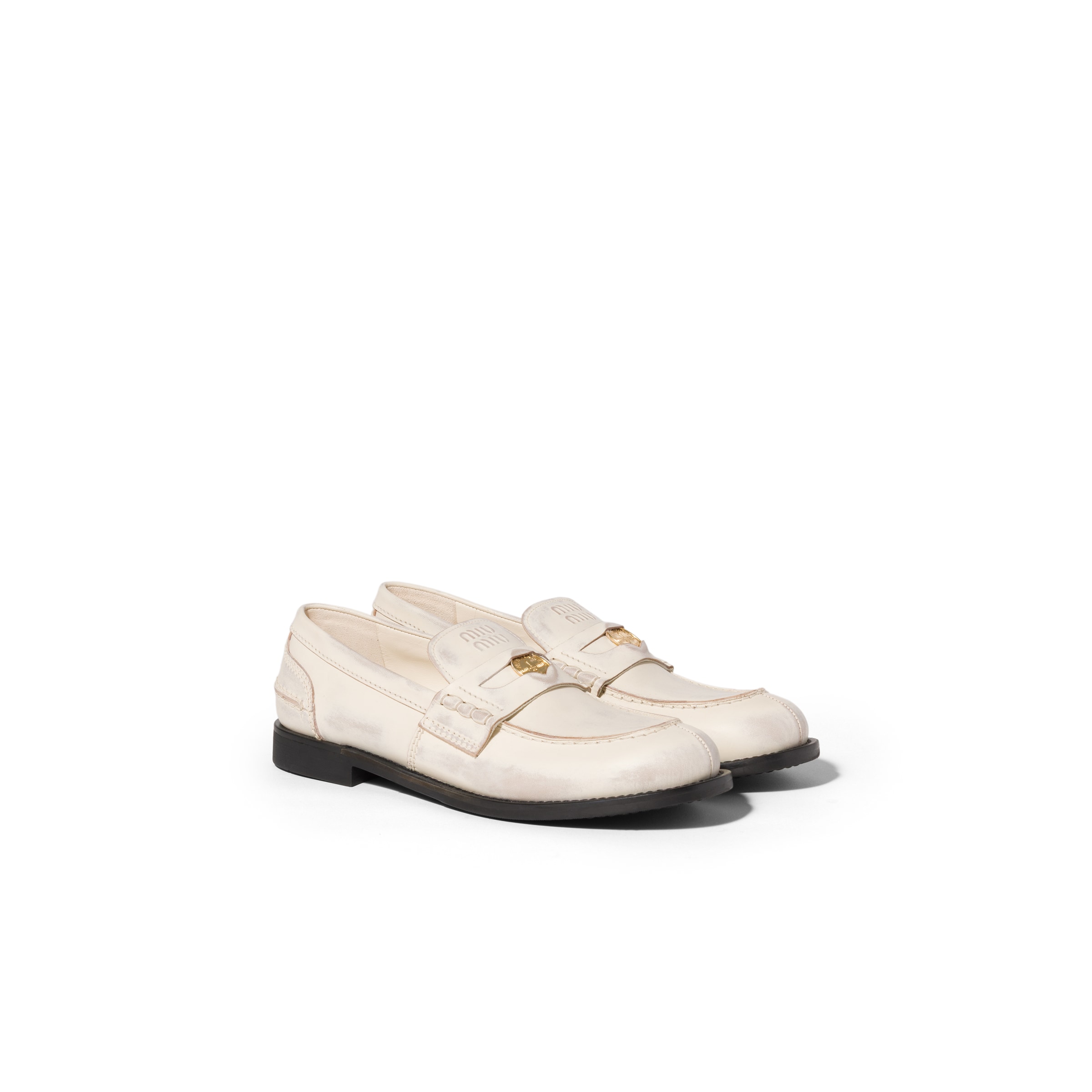 Miu Miu Vintage-effect Leather Penny Loafers, Woman, Butter Yellow, Size 38