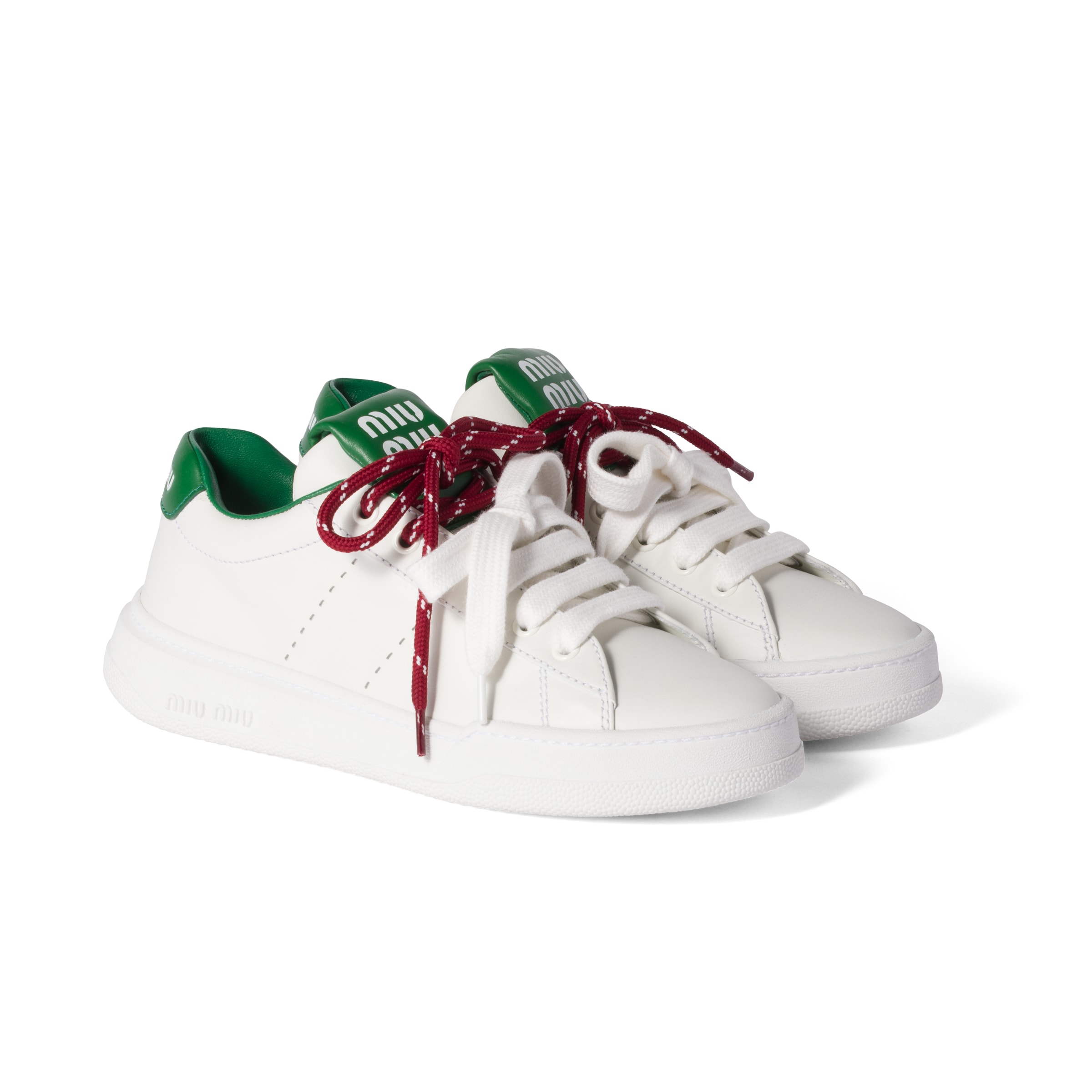 Miu Miu Baskets En Cuir, Femme, Blanc/vert, Taille 38