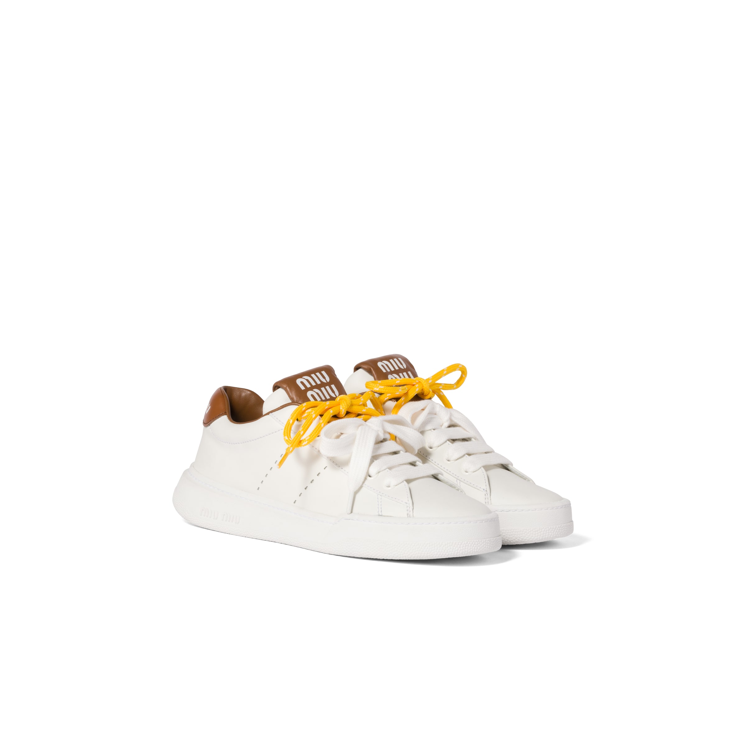 Miu Miu Baskets En Cuir, Femme, Blanc/cognac, Taille 36,5