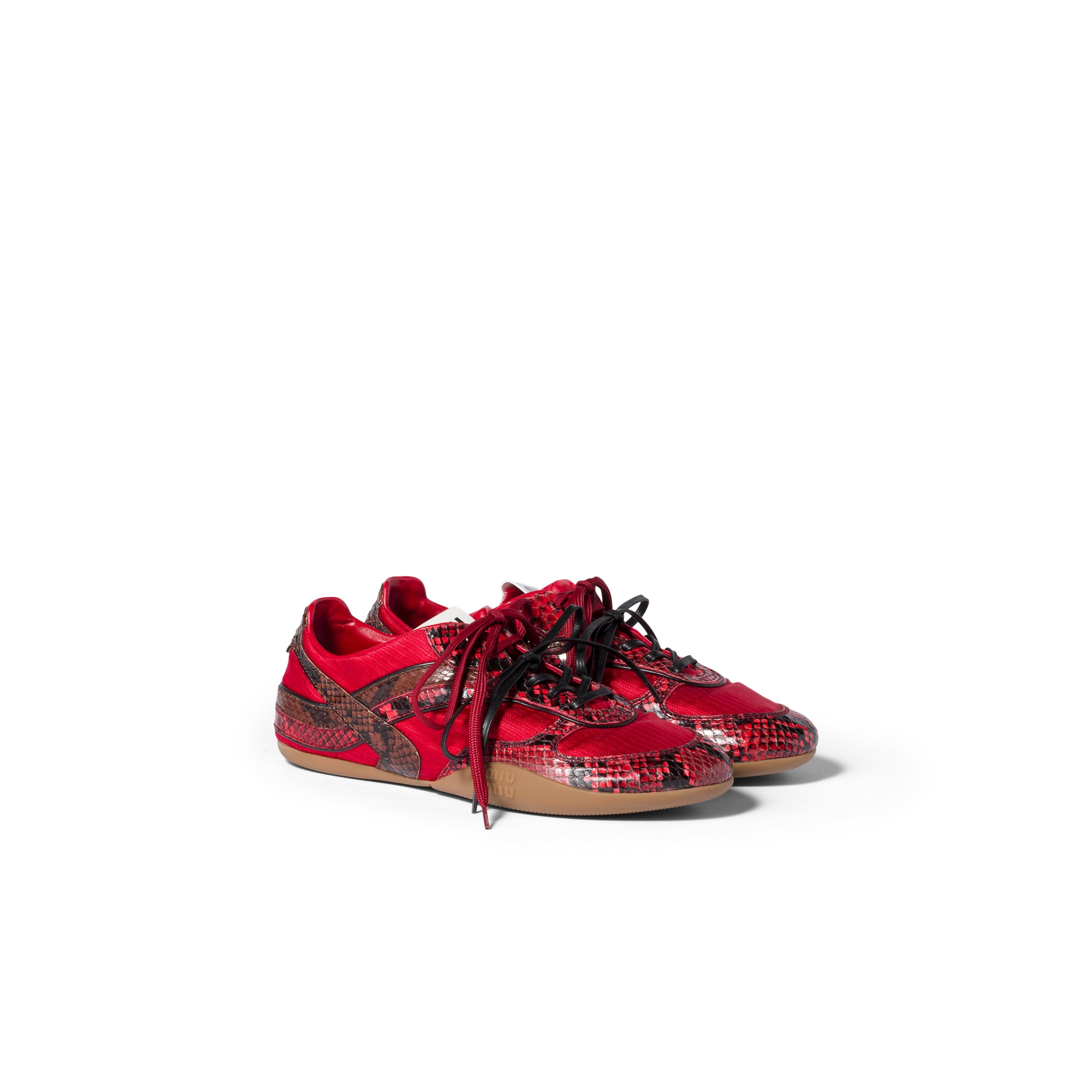 Miu Miu Baskets En Tissu Technique Gymnasium Et Cuir Ayers À Imprimé Python, Femme, Rouge, Taille 37,5