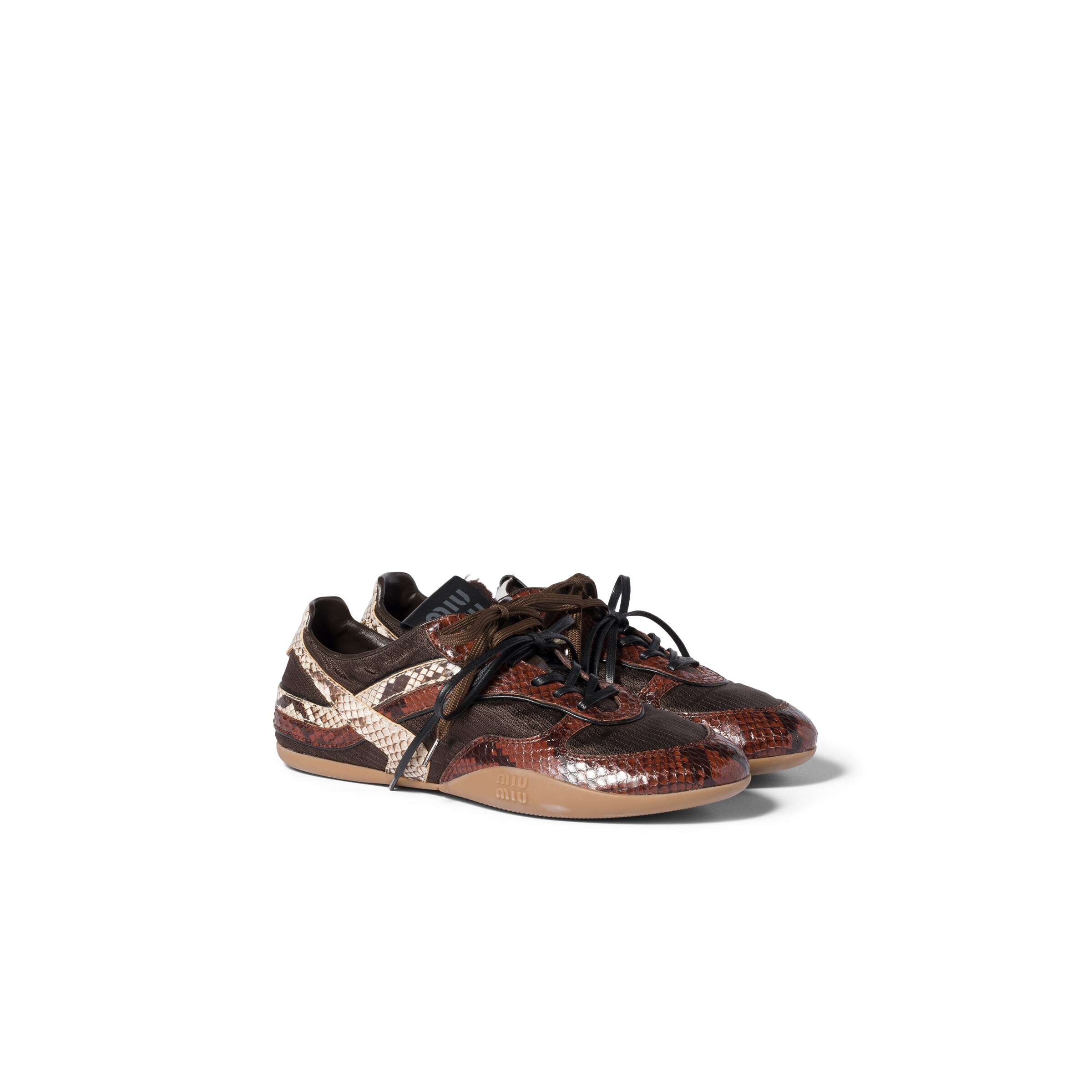 Miu Miu Baskets En Tissu Technique Gymnasium Et Cuir Ayers À Imprimé Python, Femme, Marron Foncé / Tabac, Taille 36