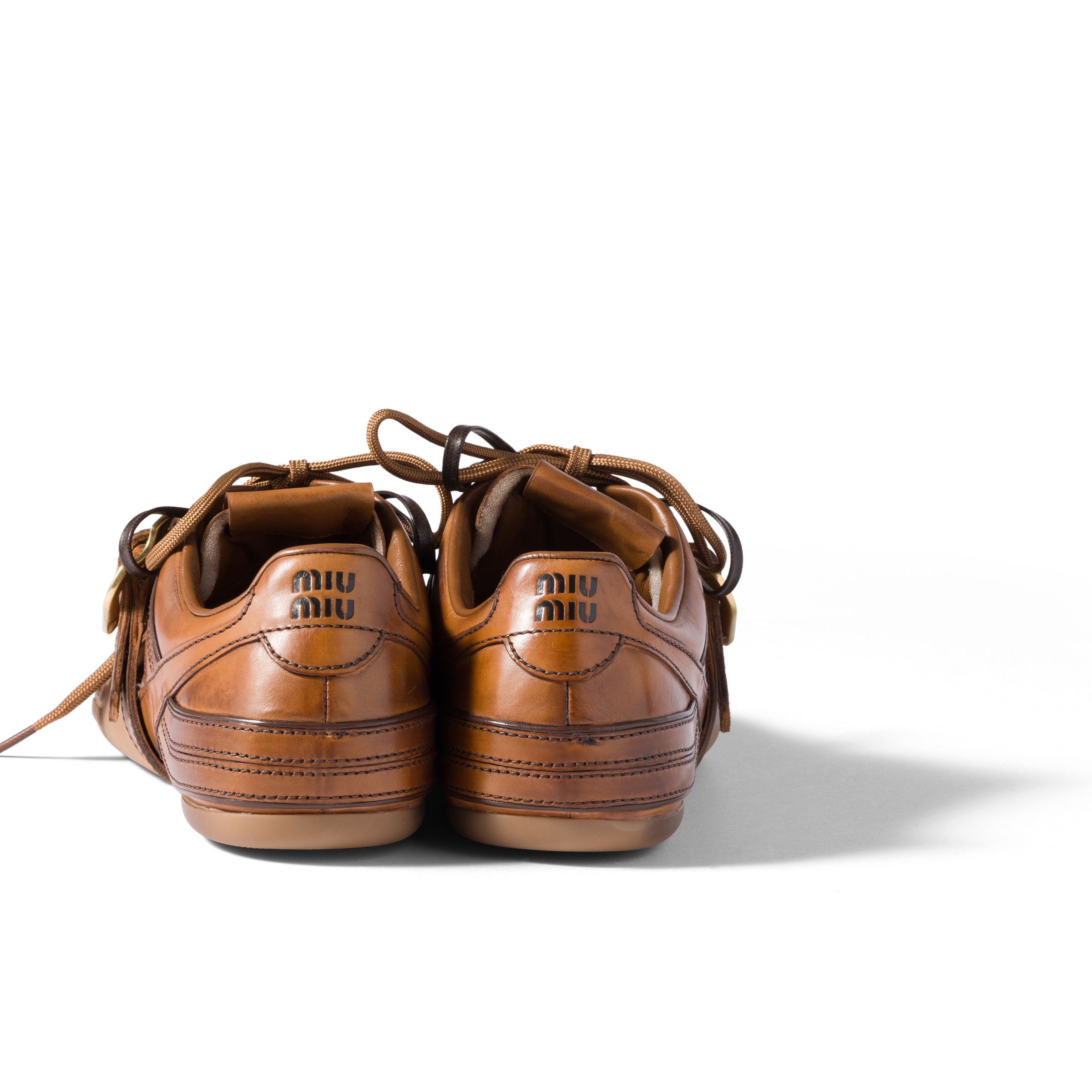 Miu Miu Cognac-colored Leather Sneakers With Buckle In Multi