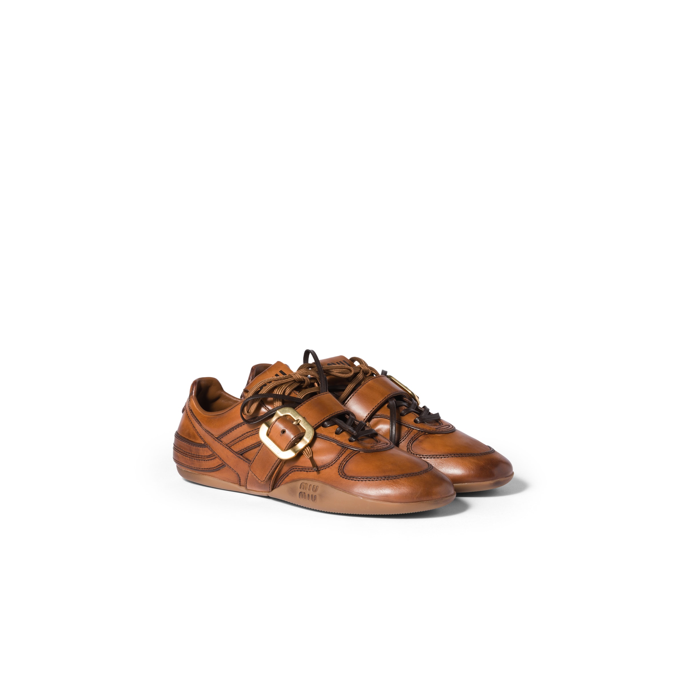 Miu Miu Cognac-colored Leather Sneakers With Buckle In Multi