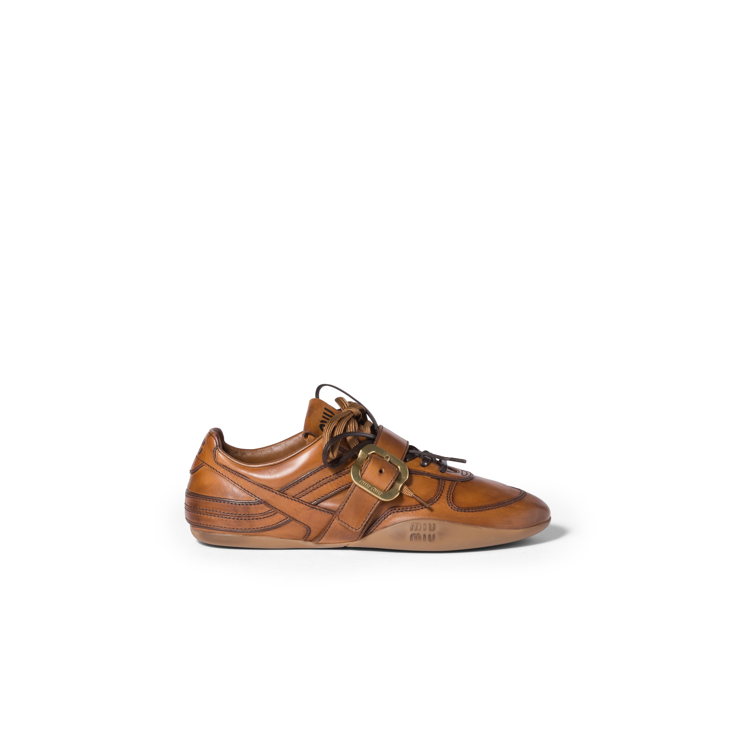 Miu Miu Cognac-colored Leather Sneakers With Buckle In Multi
