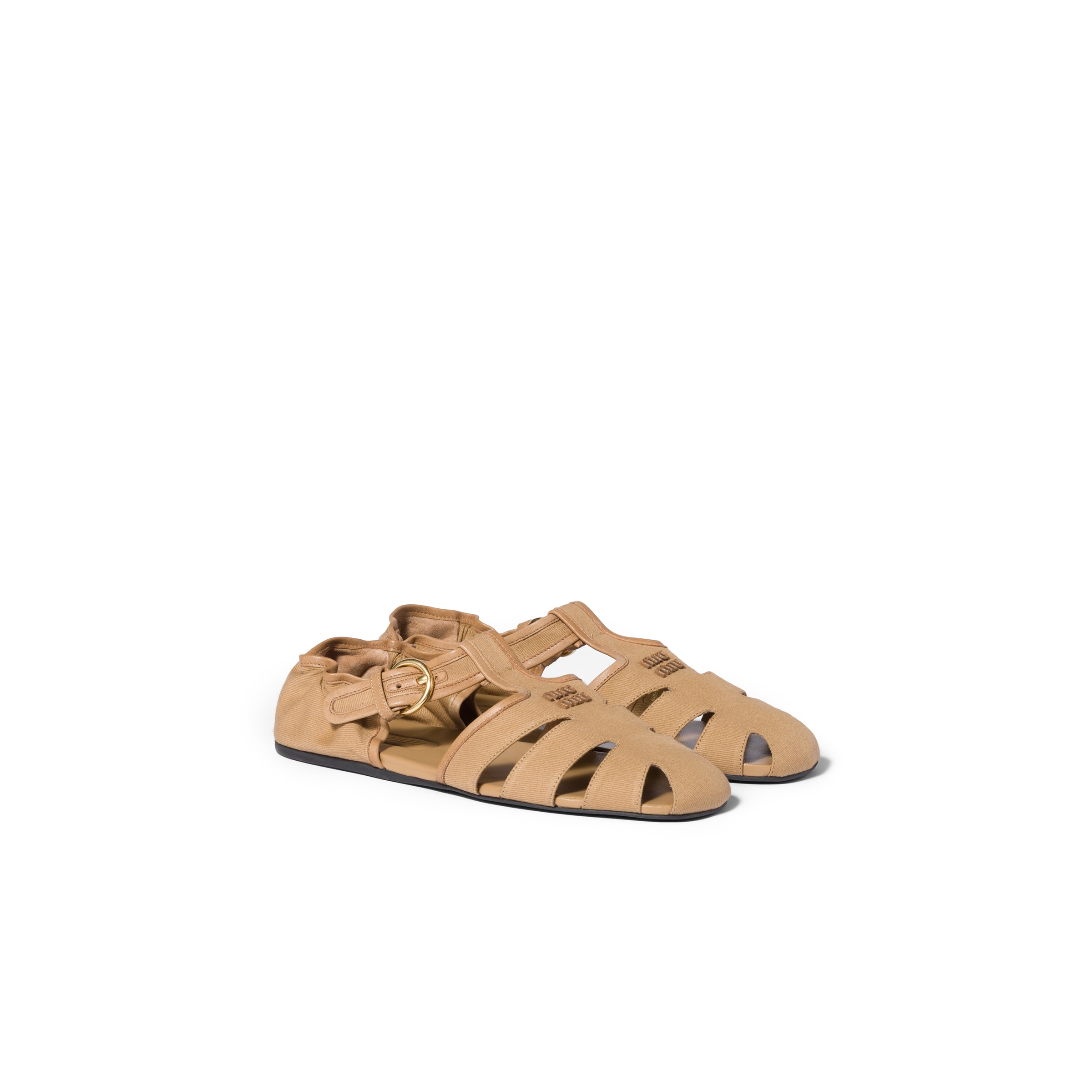 Miu Miu Sandalias Cangrejeras Ruches En Algodón Y Napa, Mujer, Beige Malta, Talla 37