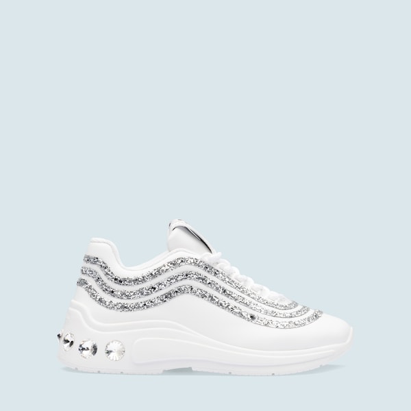 グリッター付 レザー スニーカー ホワイト シルバー Miu Miu
