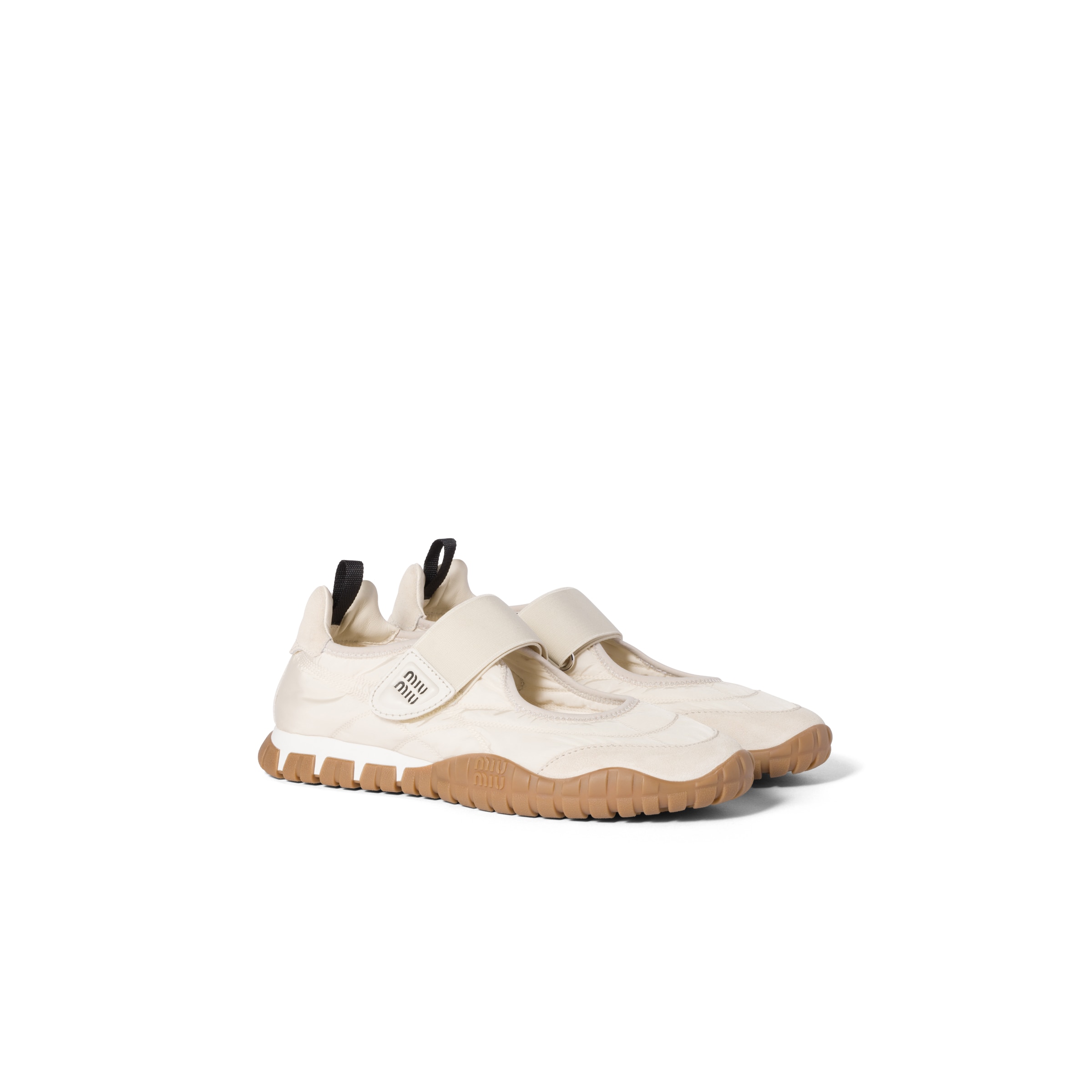 Miu Miu Ballerines Tyre En Tissu Technique Et Veau Velours, Femme, Ivoire, Taille 35