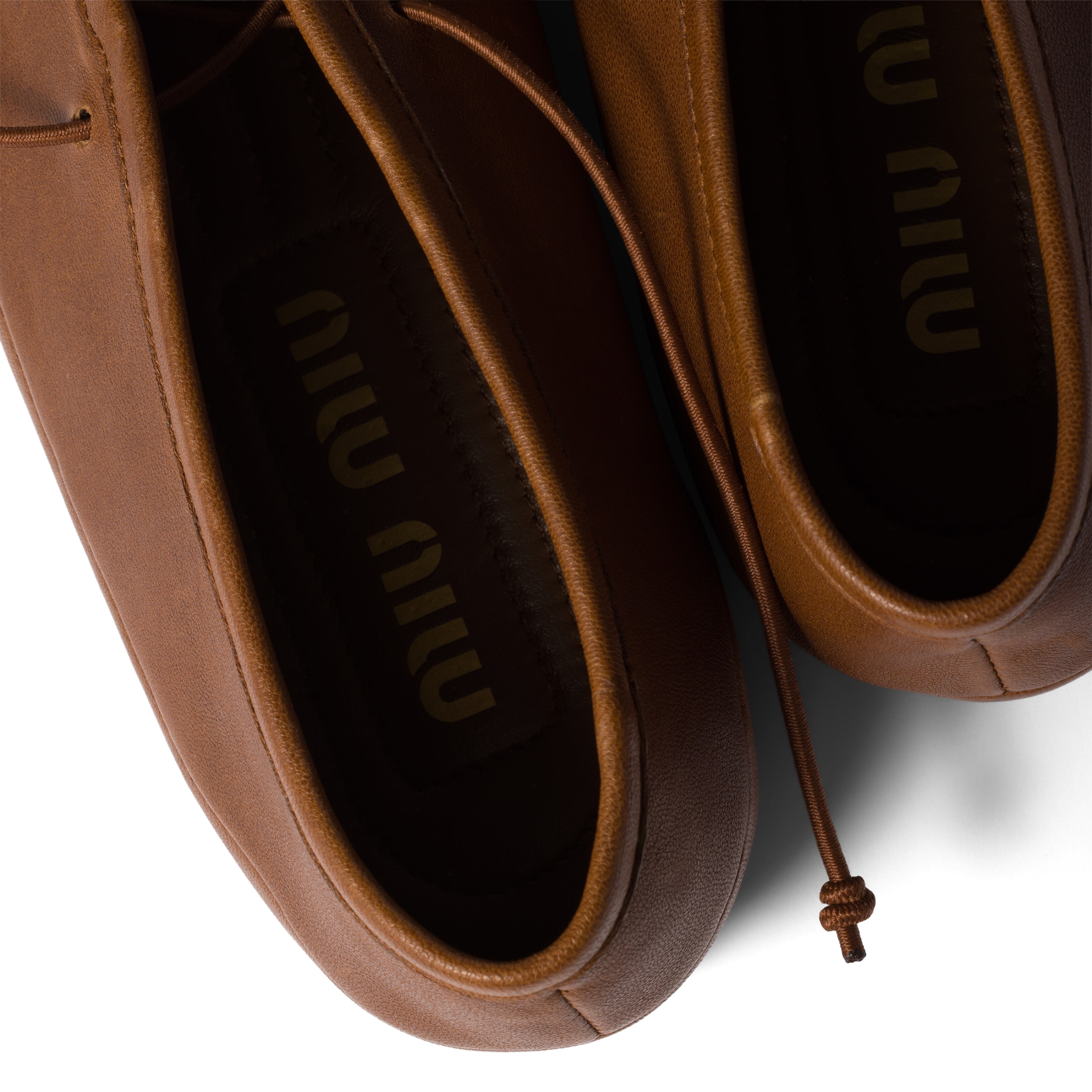 Miu Miu Leather Ballerina Shoes Flat Sole Round Toe In Brown