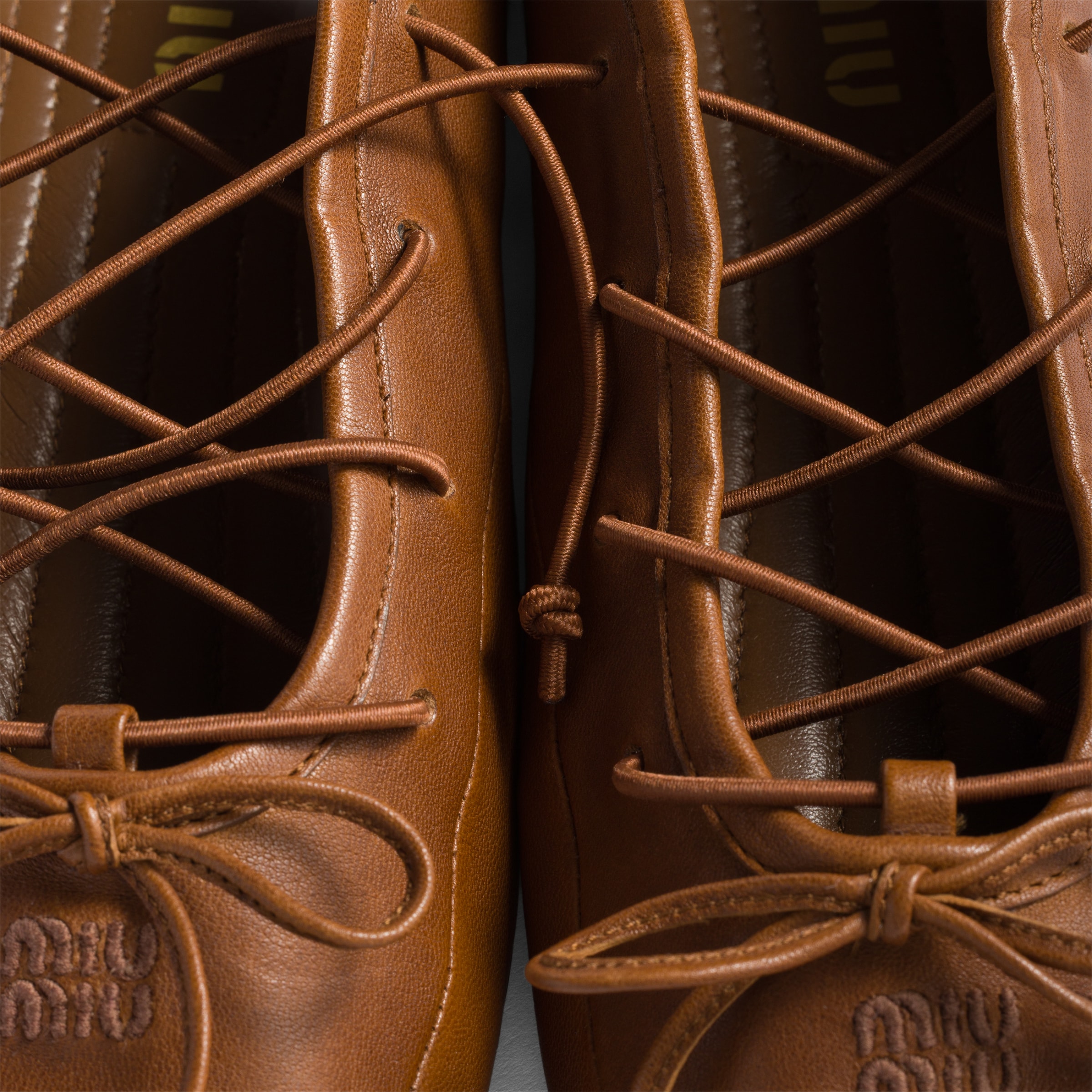 Miu Miu Leather Ballerina Shoes Flat Sole Round Toe In Brown