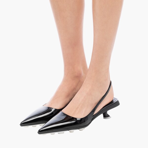 black patent leather slingbacks