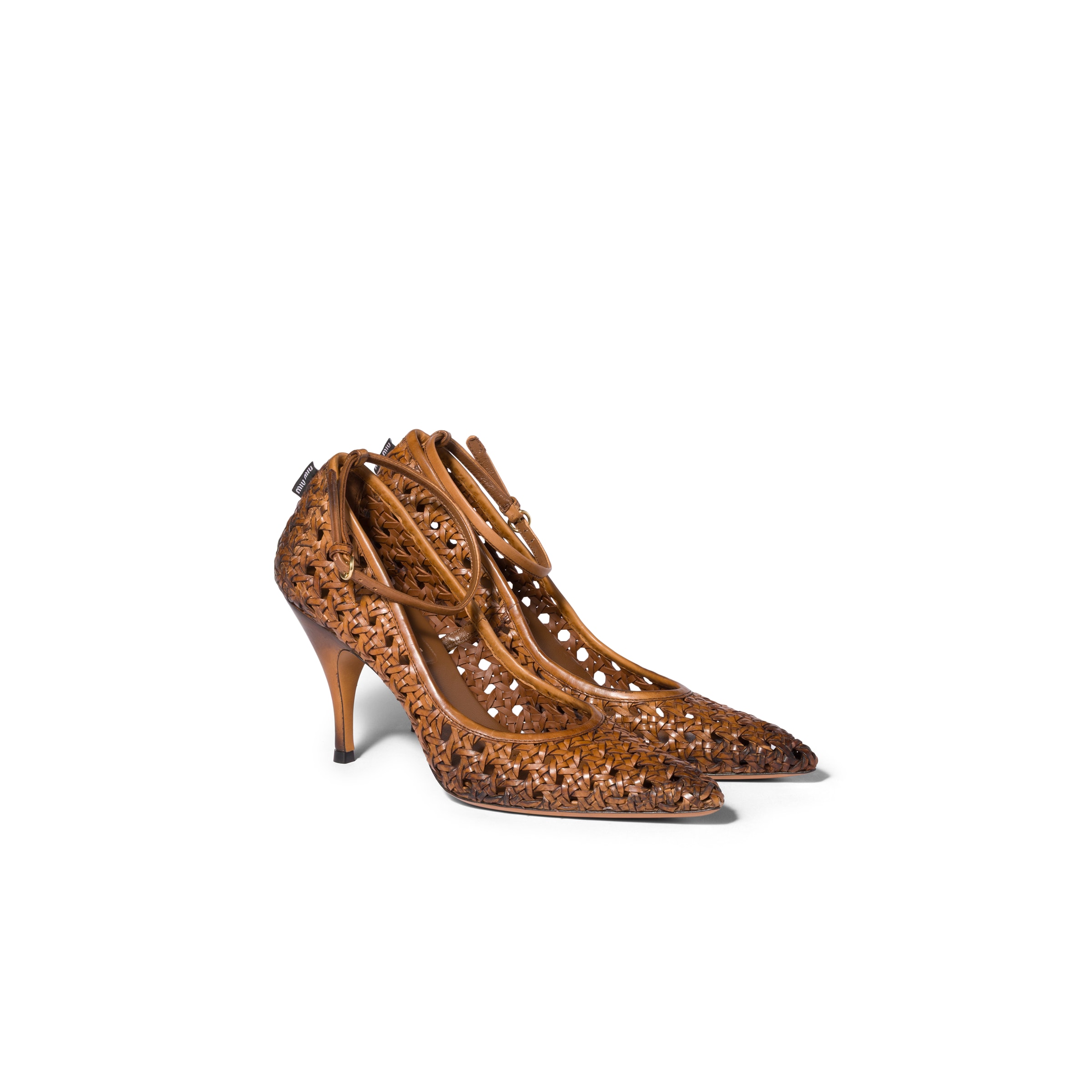 Miu Miu 80 Woven Leather Pointed Pumps In Brown
