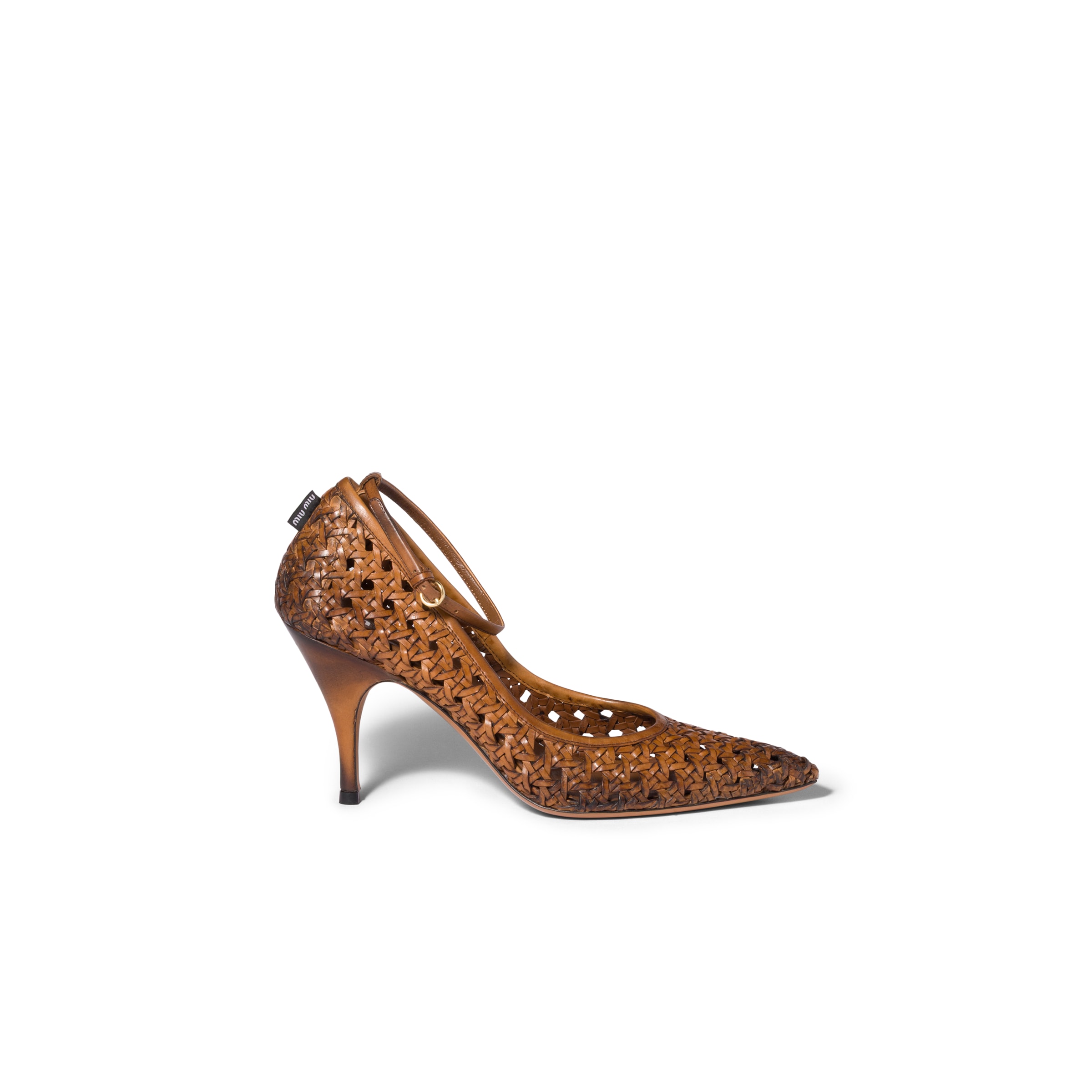 Miu Miu 80 Woven Leather Pointed Pumps In Brown