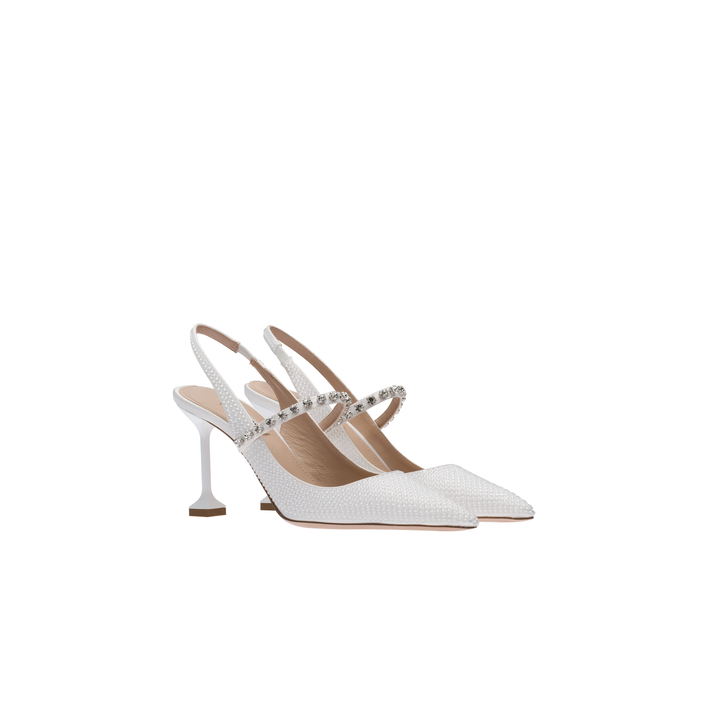 White Satin Slingback Pumps With Crystals Miu Miu