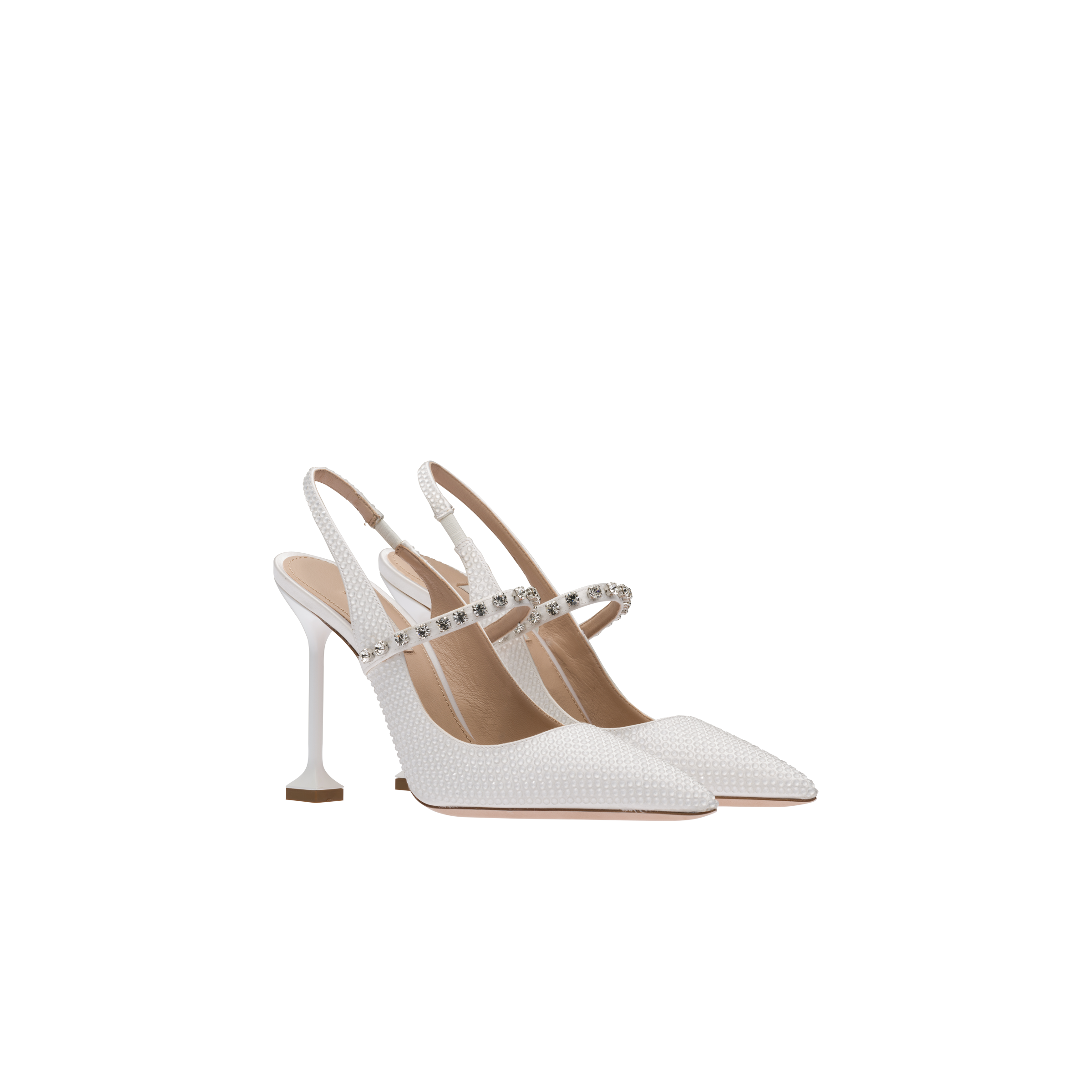 Miu Miu Satin Slingback Pumps With Crystals In White