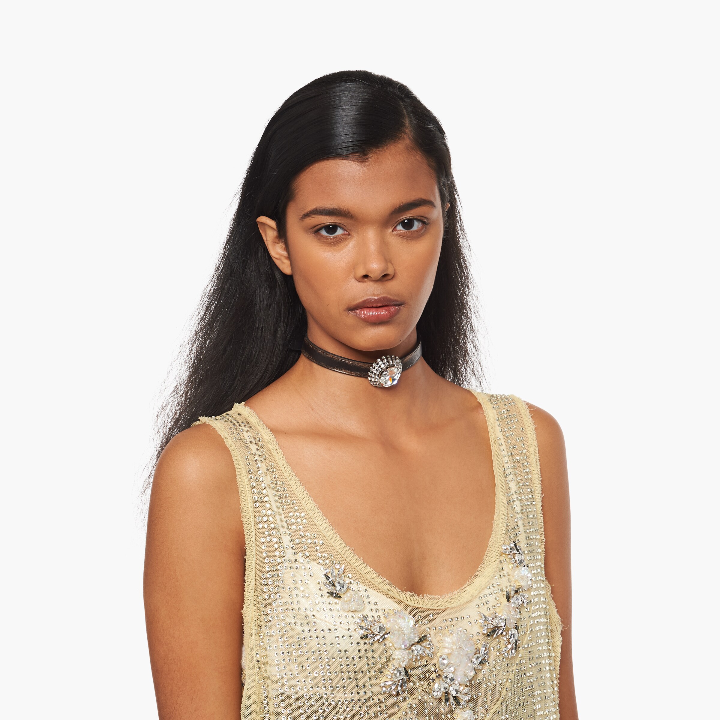 Sand/Coffee Nappa leather choker with crystals | MIU MIU
