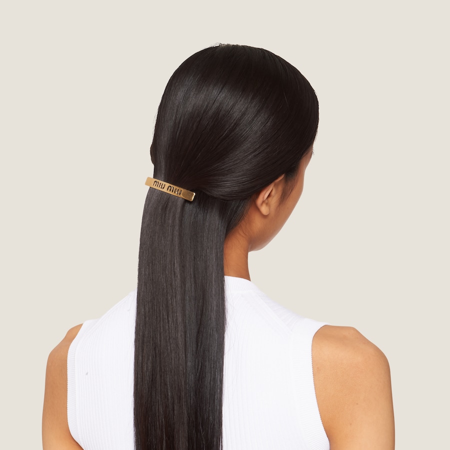 MIUMIU Pearl embossed logo clip hair accessory hairpin gold