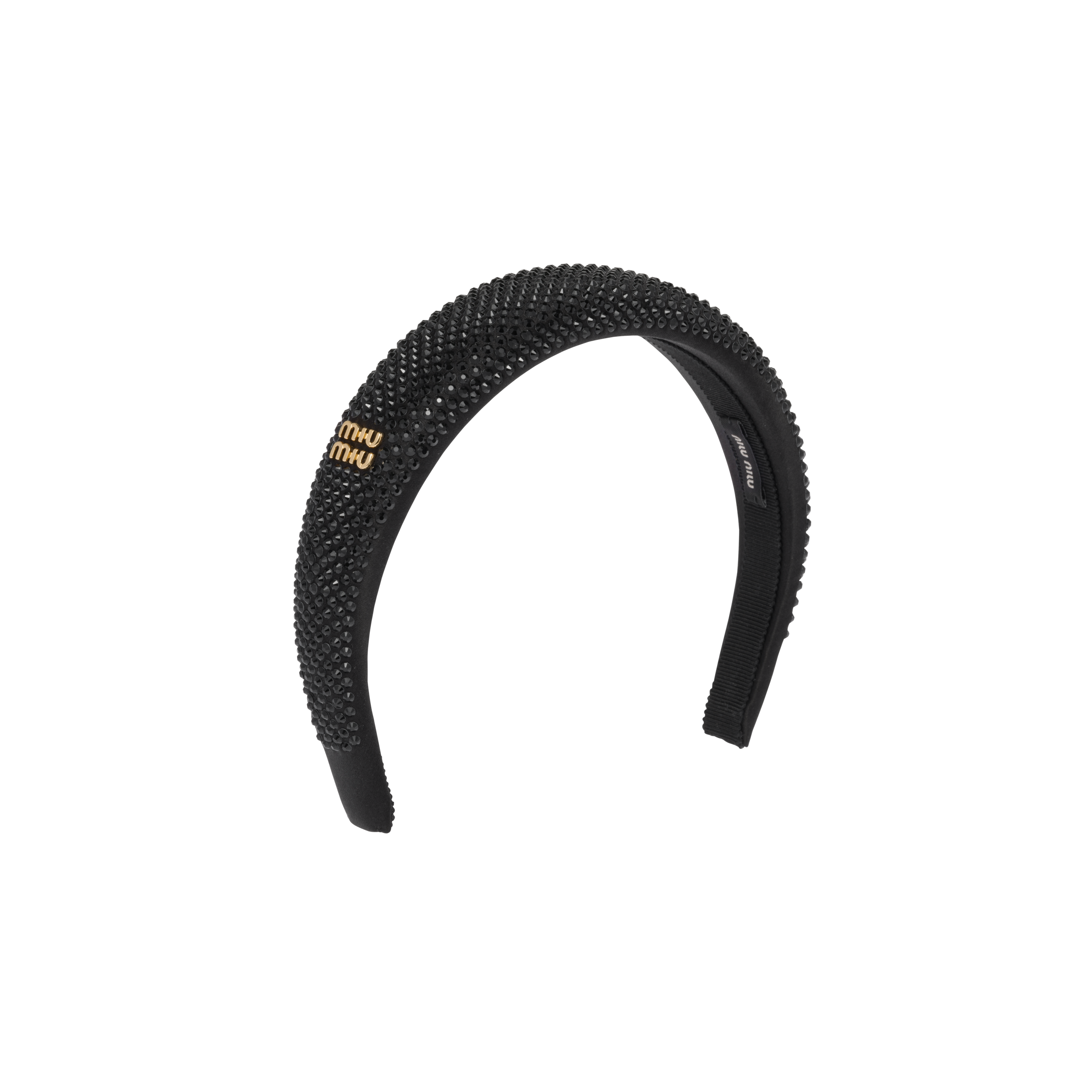 Miu Miu Satin Headband With Crystals In Black