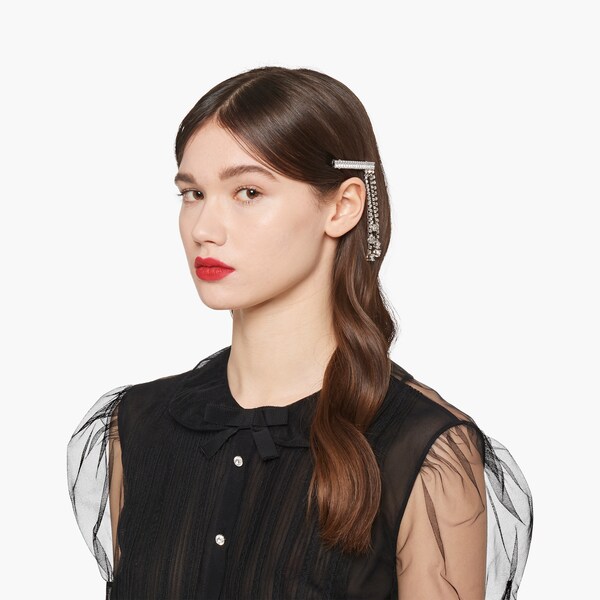 チャーム付 ヘアクリップ ライトグレー クリスタル Miu Miu
