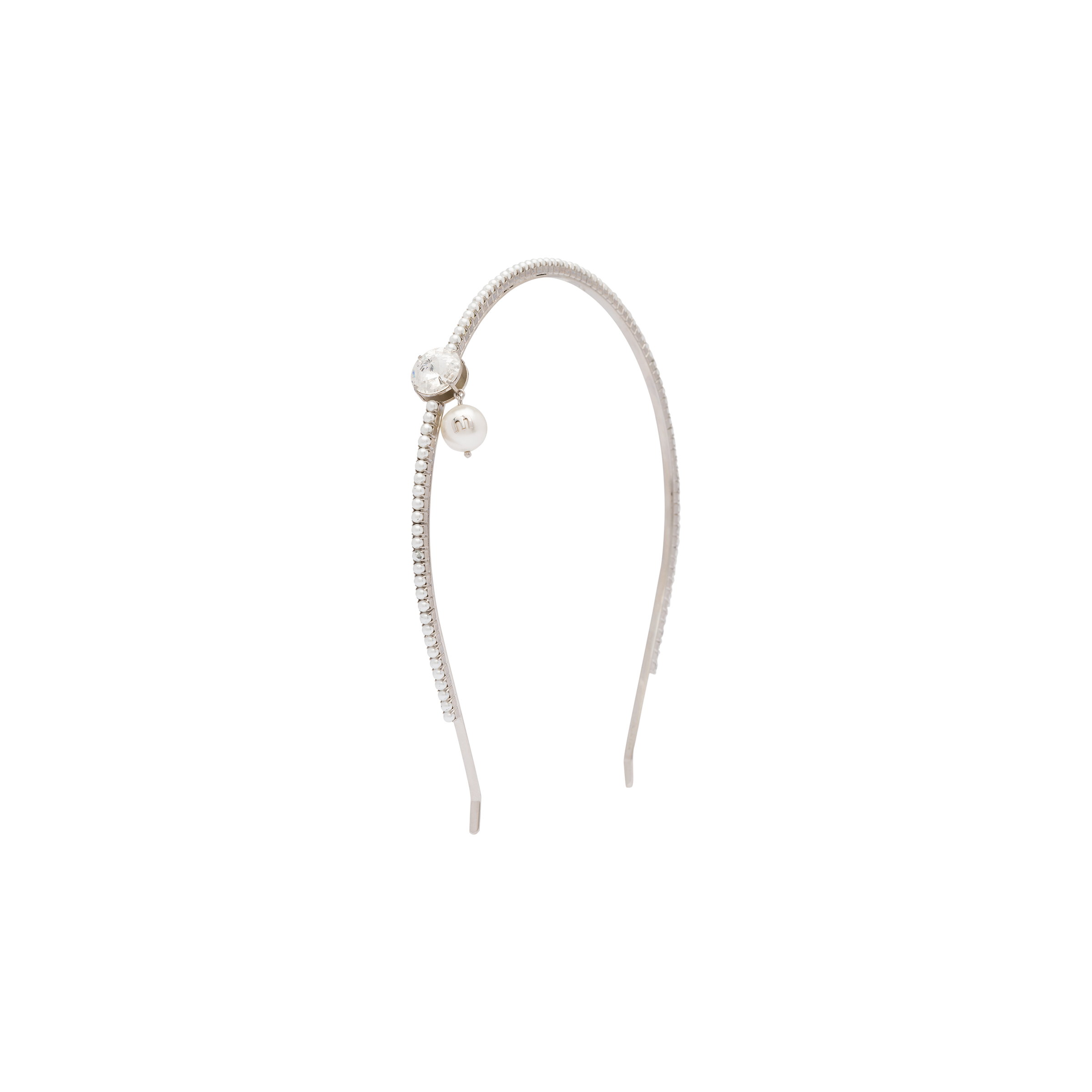 Miu Miu Headband With Crystals And Pearl In Steel Gray 