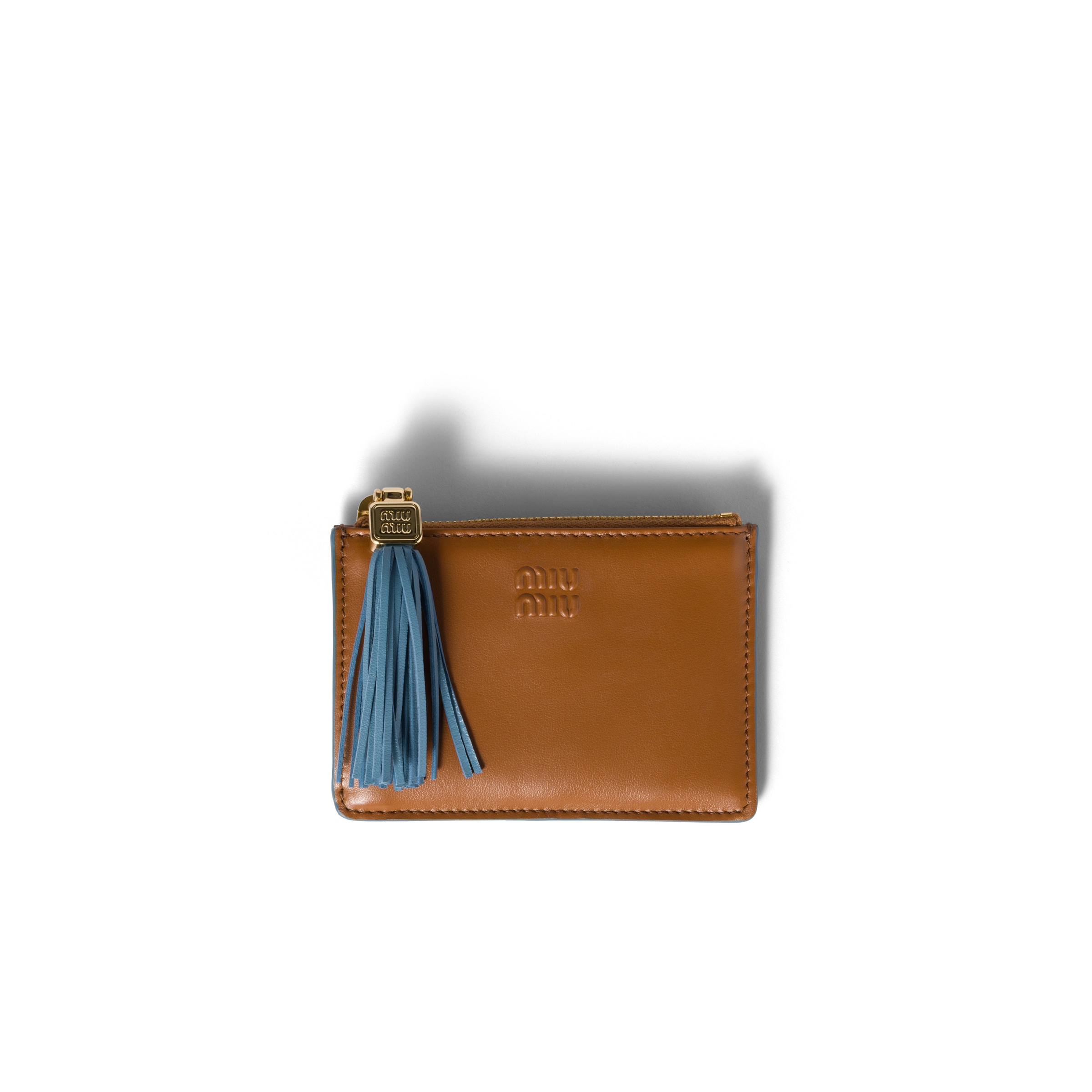 Miu Miu Leather Card Holder, Woman, Cognac/astral Blue