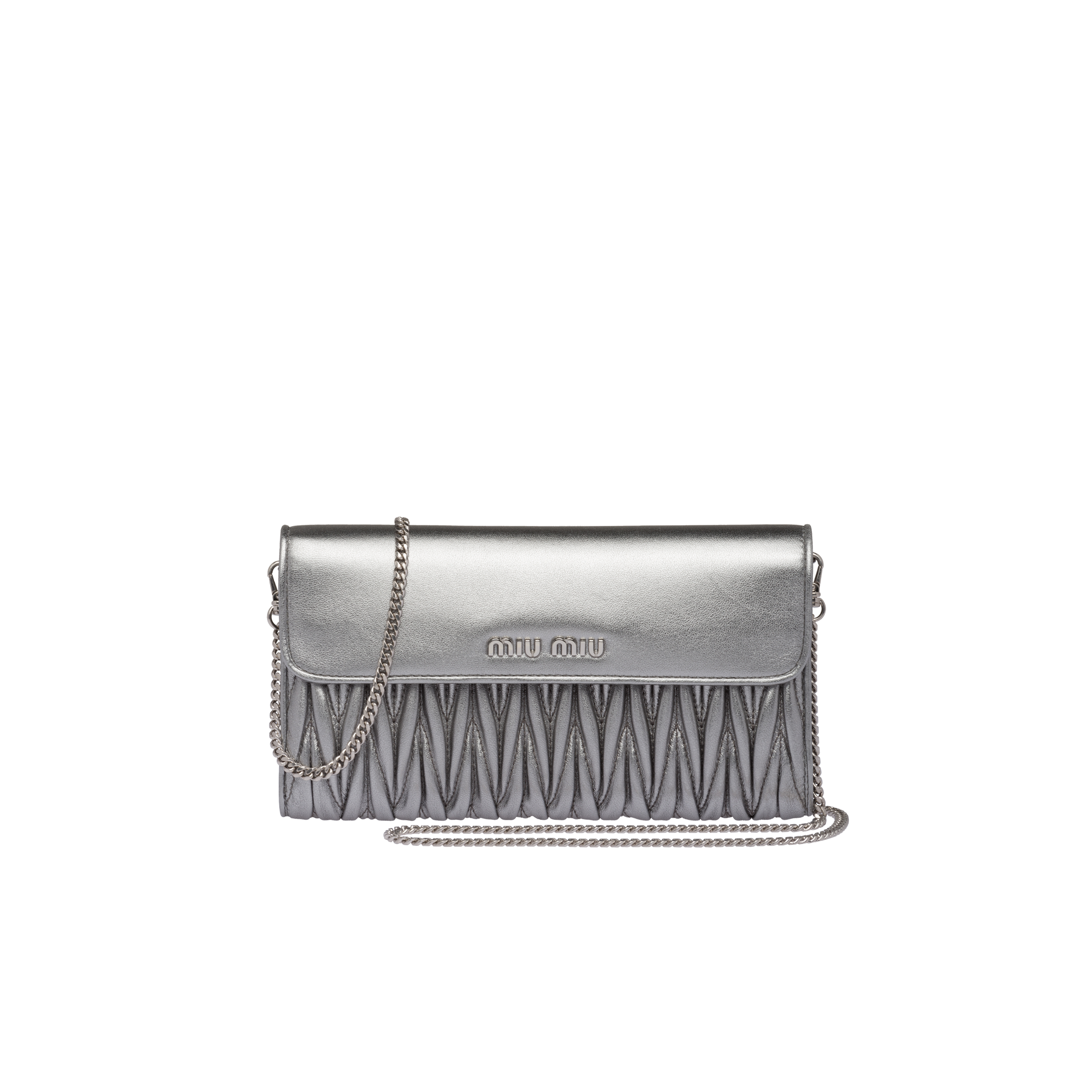 Miu Miu Matelassé Nappa Leather Wallet With Shoulder Strap In Chrome ...