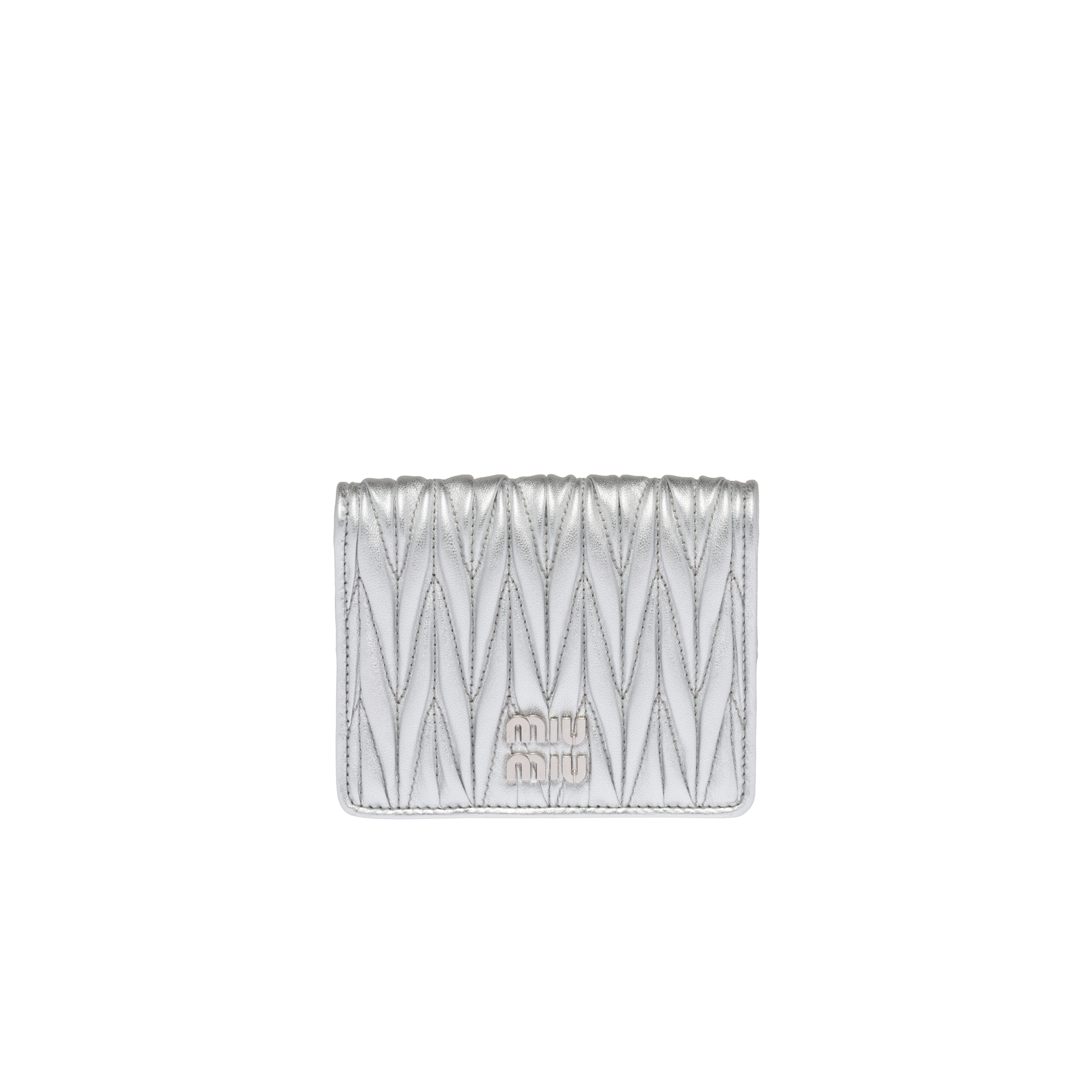 Miu Miu Small Matelassé Nappa Leather Wallet In Silver